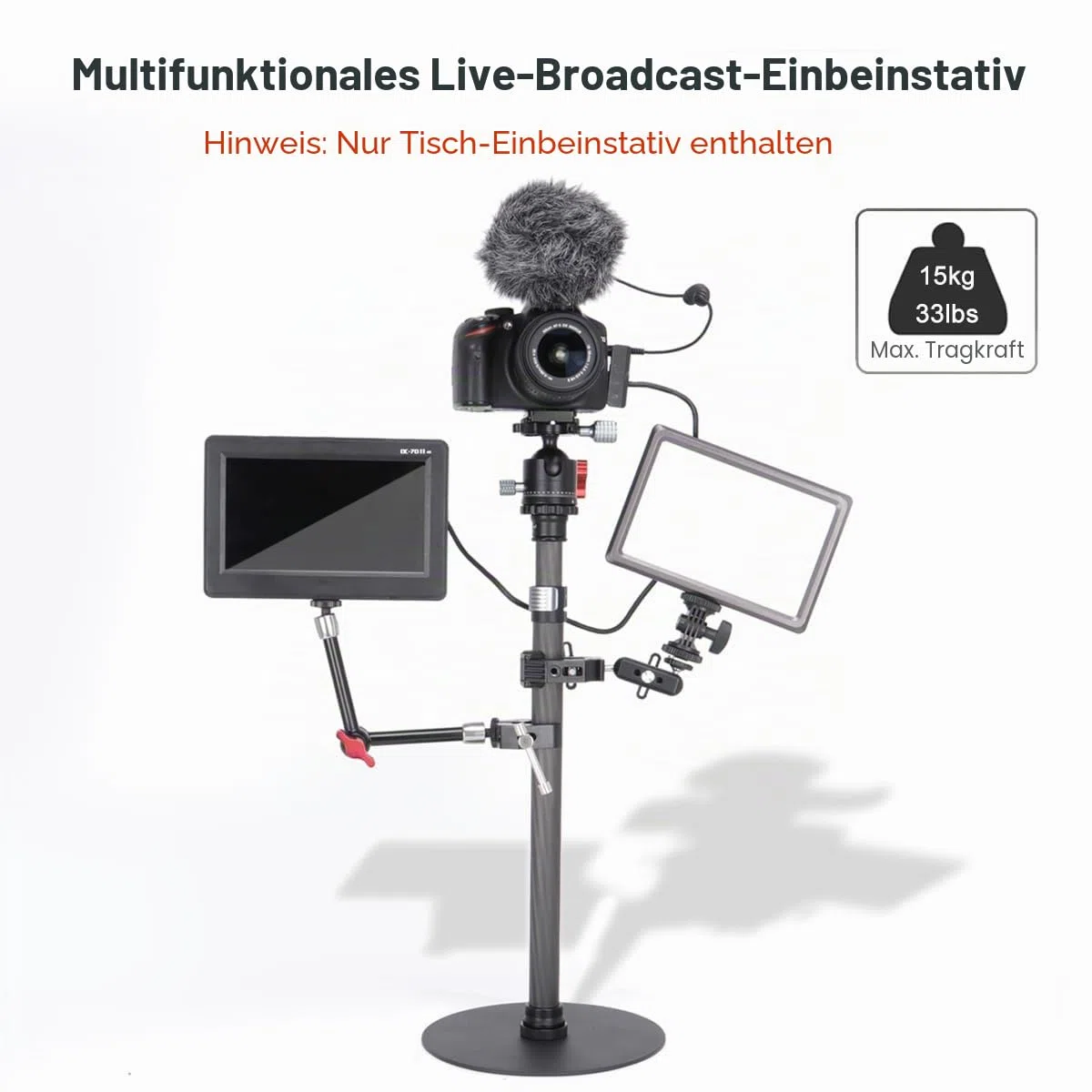 Koolehaoda Einbeinstativständer für den Schreibtisch, 40–71 cm Kohlefaser Einbeinstativ Montageständer mit Schwerer Basis für DSLR-Kamera, Licht, Webcam, Live-Streaming, Vlogging
