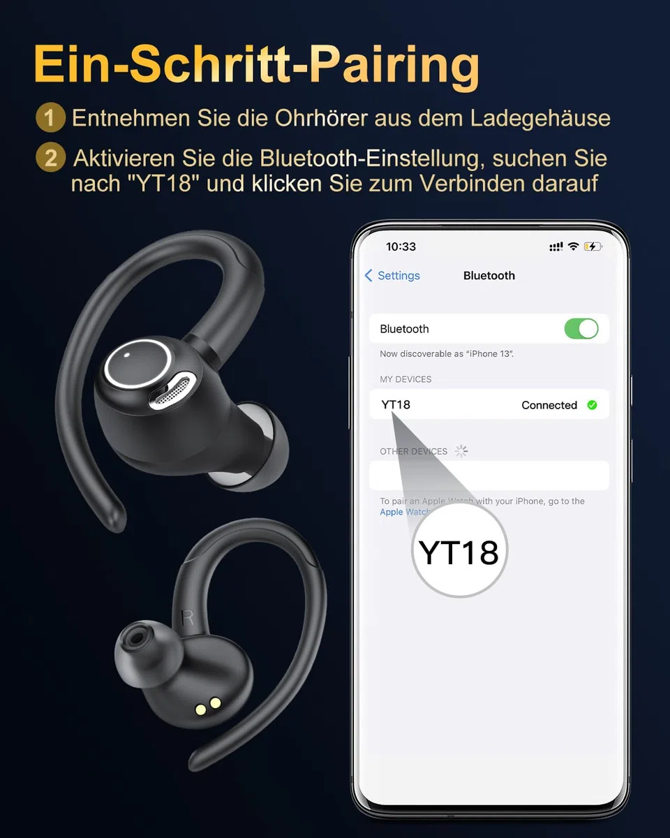 Jesebang Bluetooth Kopfhörer Sport, in Ear Kopfhörer Kabellos Bluetooth 5.4 mit HD Mic, Herausragender Sound, 40 Std Spielzeit, Comfort Fit, Dual LED-Anzeige, IP7 Wasserdicht Ohrhörer mit Ohrhaken