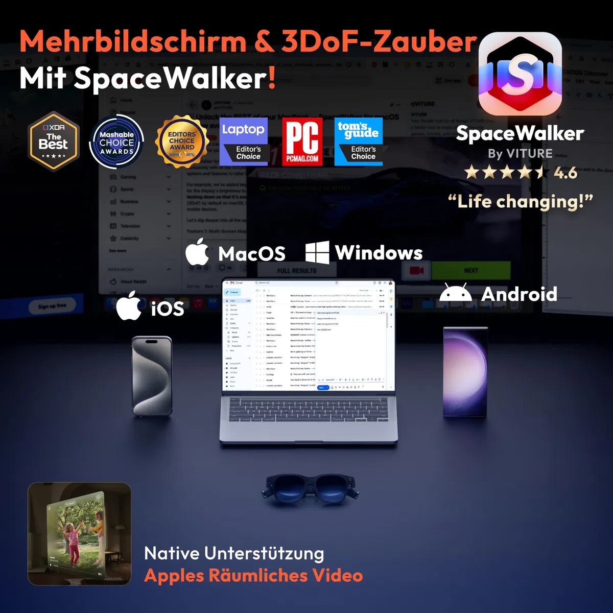 VITURE Pro XR/AR Brille, 135” 120Hz 1000 Nits Display, Harman Audio, elektrochromer Film, für iPhone 17/16/15/Android/Mac/PC/Steam Deck, erstes immersives XR-Erlebnis für Switch 2
