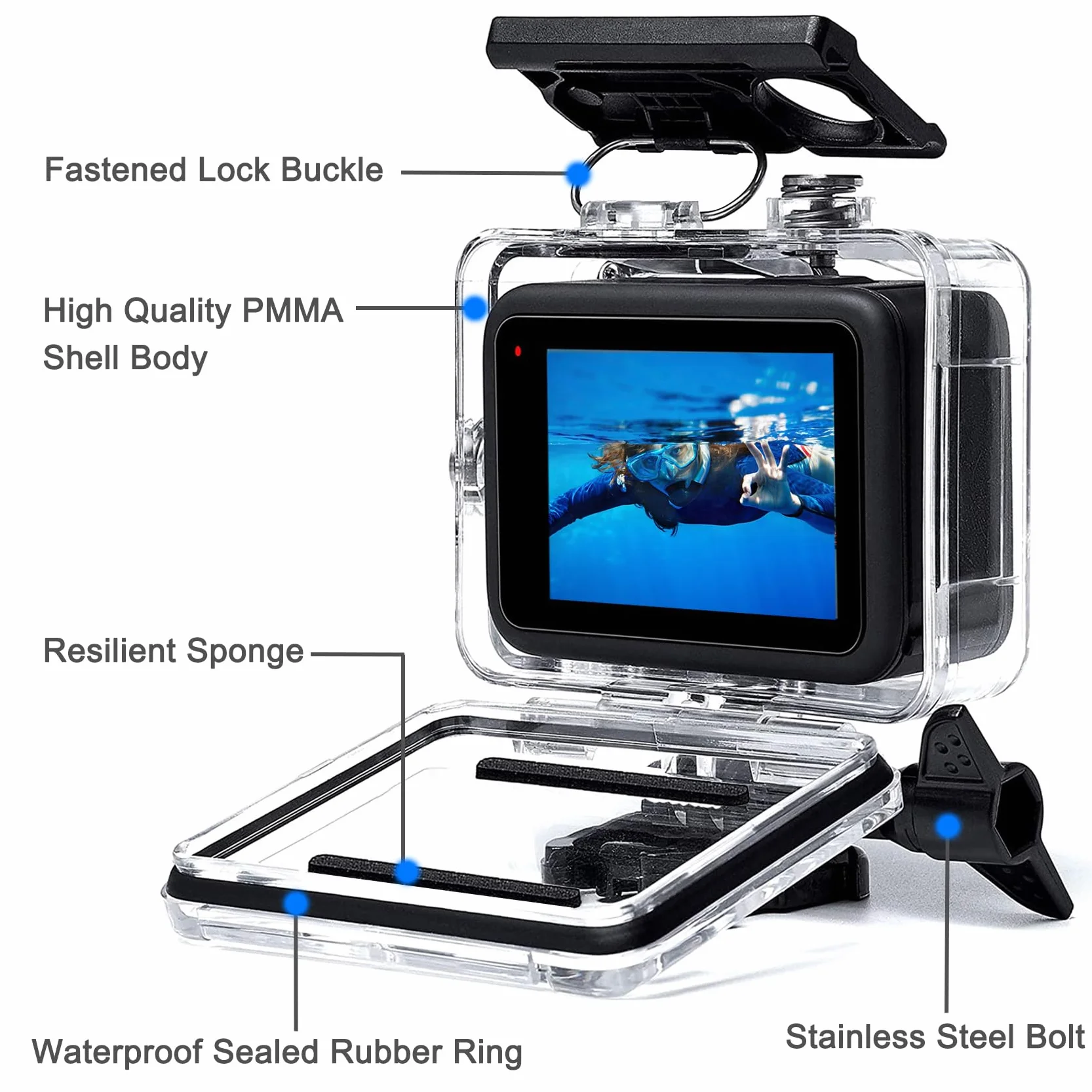 OKFUN Wasserdichtes Gehäuse mit 3 Filtern für Go Pro Hero 13/Hero 12/Hero 11/Hero 10/Hero 9 Schwarz, 60 m/196 Fuß Unterwasser-Tauchgehäuse, Einbeinstativ, schwimmender Griff
