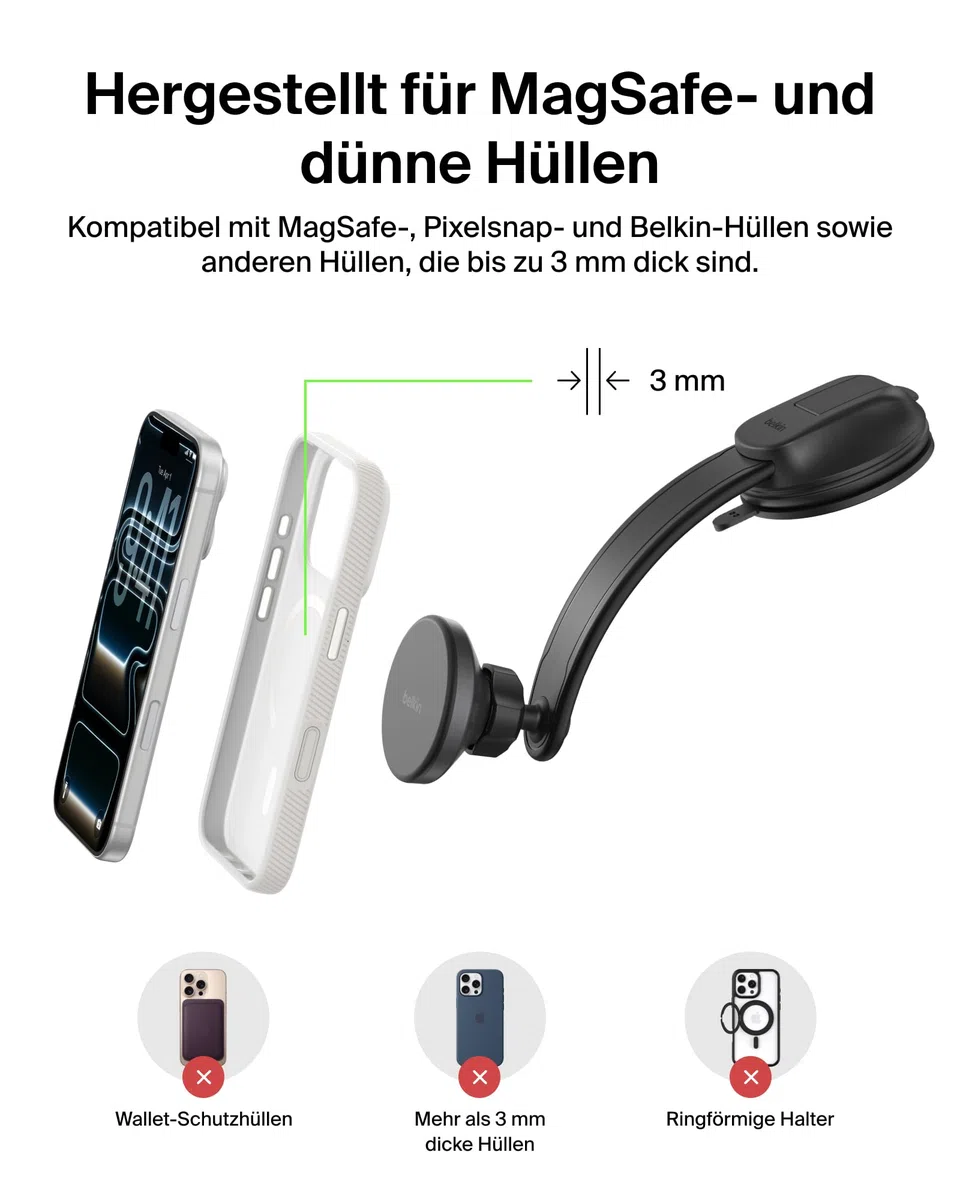 Belkin Kfz Ladegerät Kabellos, Handy Autohalterung mit Ladefunktion, MagSafe Kompatibel, USB-C-Kabel, Induktive Ladestation Auto für iPhone 17, Galaxy S25, Pixelsnap usw., Qi2 Schnellladen – Schwarz