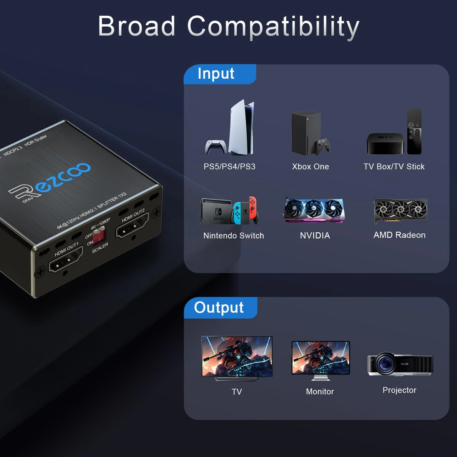 ROFAVEZCO 4K 120Hz HDMI 2.1 Splitter 8K 60Hz 1 in2 Out VRR ALLM HDCP2.3 HDR10 8KUHD Dolby Vision Atmos Scaler 4K 1080P EDID Dual Monitore HDMI Splitter 1X2 für PS5 SkyQ Xbox NVIDIA AMD
