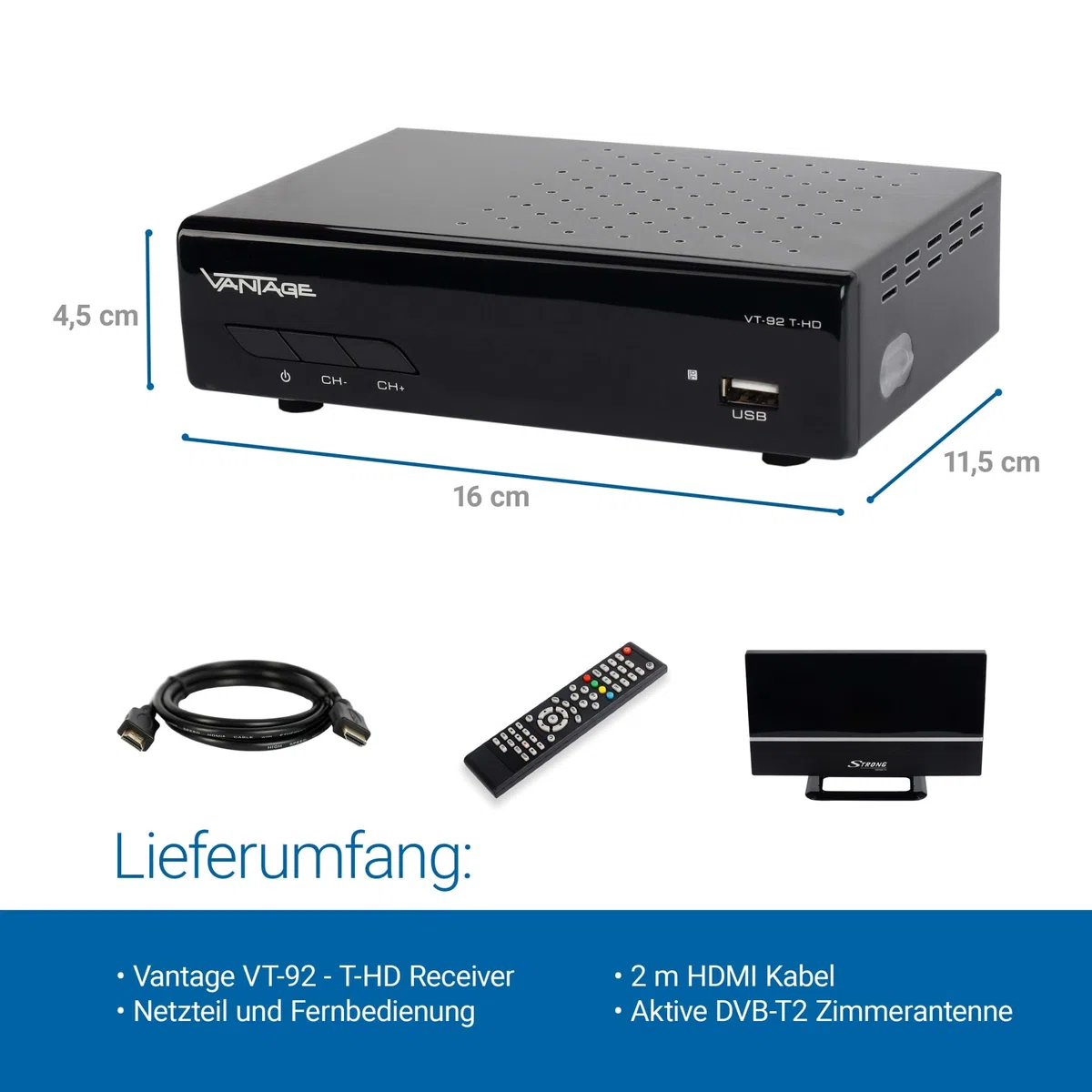 Sky Vision VT-92 DVB-T/T2 Reciever, Empfang Aller freien SD und HD DVB-T2 Sender, Digital, Full-HD 1080p, HDMI, SCART, Mediaplayer, USB 2.0, 2m HDMI Kabel, aktive DVB-T2 Zimmerantenne, Schwarz