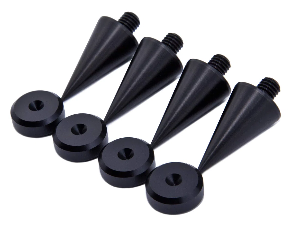 Precisiongeek-Lautsprecherspikes M6, 20 mm Durchmesser, schwarz eloxiertes Aluminium und Lautsprecherpads, schwarz eloxiertes Aluminium, 20 mm Durchmesser, abgeschrägte Form