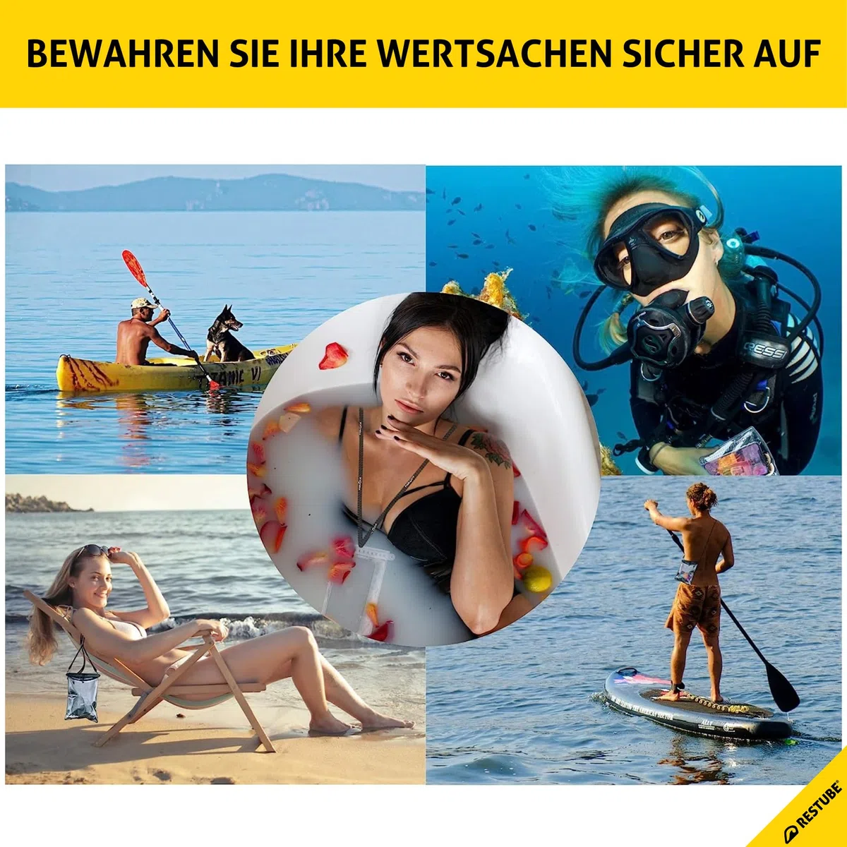 Restube wasserdichte Handyhülle, IPX8 Unterwasser Handyhülle für Schwimmen, Dry Bag Handy Lanyard Hülle für iPhone 14 13 12 11 XS XR X 8 7, Samsung S20 S10 S9, Huawei P30 P20 bis zu 6,9 Zoll