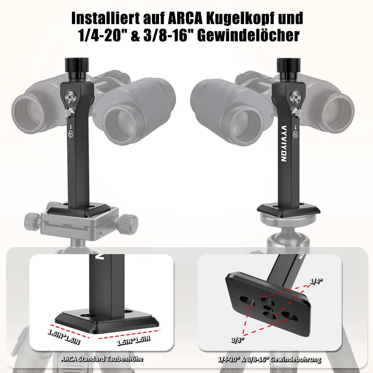 Fernglas Stativadapter mit Arca-Swiss-Platte und 1/4-20"&3/8-16" Gewinde, Kompatibilität mit Porro-Ferngläser und Arca Kugelköpfe, T6061 Aluminiumlegierung Universeller Stativadapter für Vogelbeobach