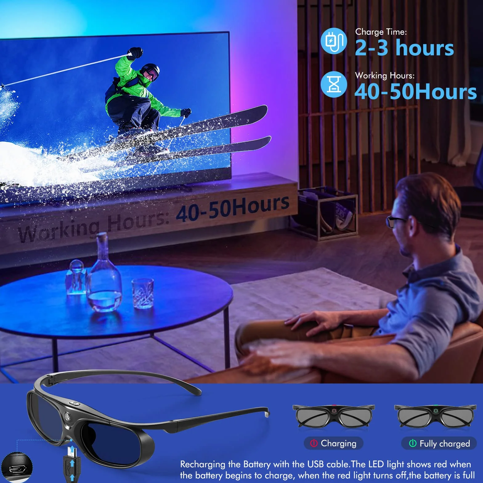3D-Brille, Wiederaufladbare 3D Active Shutter Brille für alle DLP Link 3D Projektoren,Active Shutter 3D DLP Link Wiederaufladbare 3D-Brille kompatibel mit BenQ,Optoma,Viewsonic DLP-Projektor