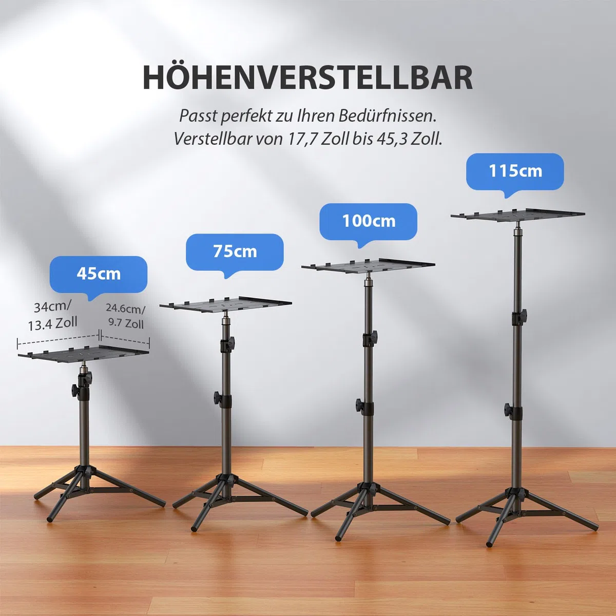 Beamer Ständer, Laptop Stativ Tragbarer, Projektorständer, Multifunktionaler Kamera Bodenständer, Höhe Verstellbar 45-115 cm, Klapplatte, 10 kg Tragkraft, für Outdoor-Filme