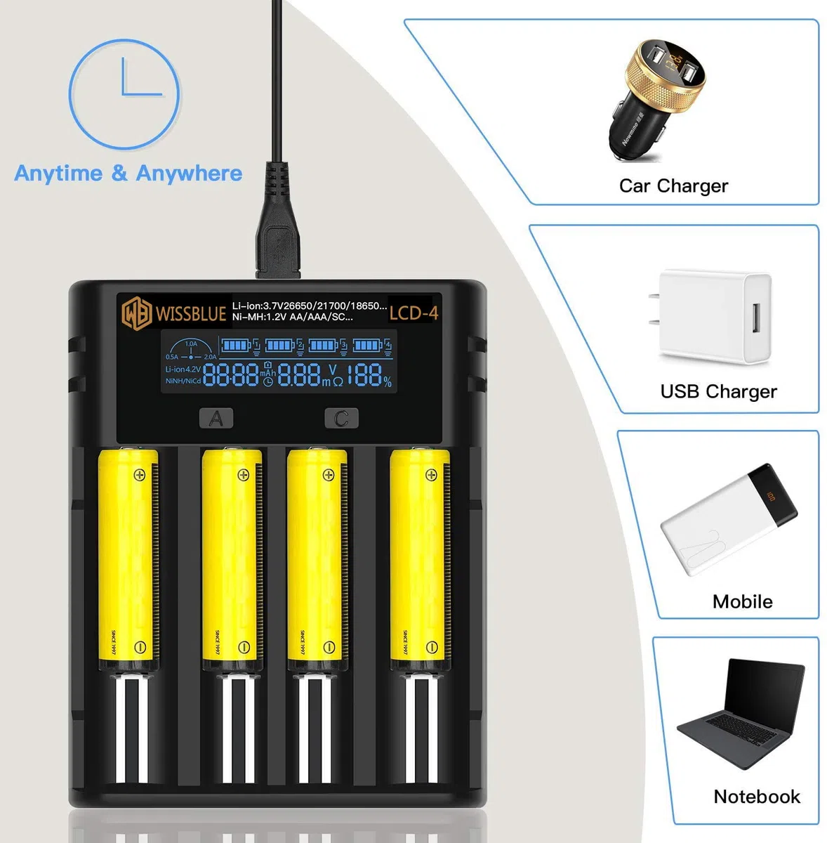 LCD-4 18650 akku ladegerät Batterie ladegerät 2A Schnell Leistung Batterie ladegerät ,LCD-Anzeige mit Power Bank-Funktion für 3.7V 14500 16340 18650 20700 21700 26650 1.2V AAAA AA A