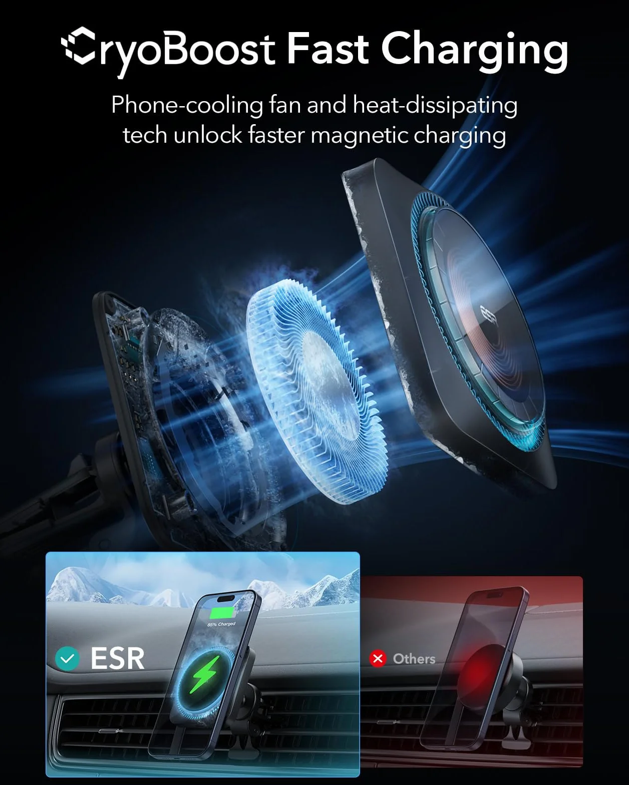 ESR für MagSafe Autohalterung Ladegerät mit CryoBoost, Handykühlung, Armaturenbrett/Lüftung Magnet Ladegerät, Handyhalterung Auto für iPhone Air/17/17e/16/15/14/13/12, Galaxy S25/S26, Schnellladen