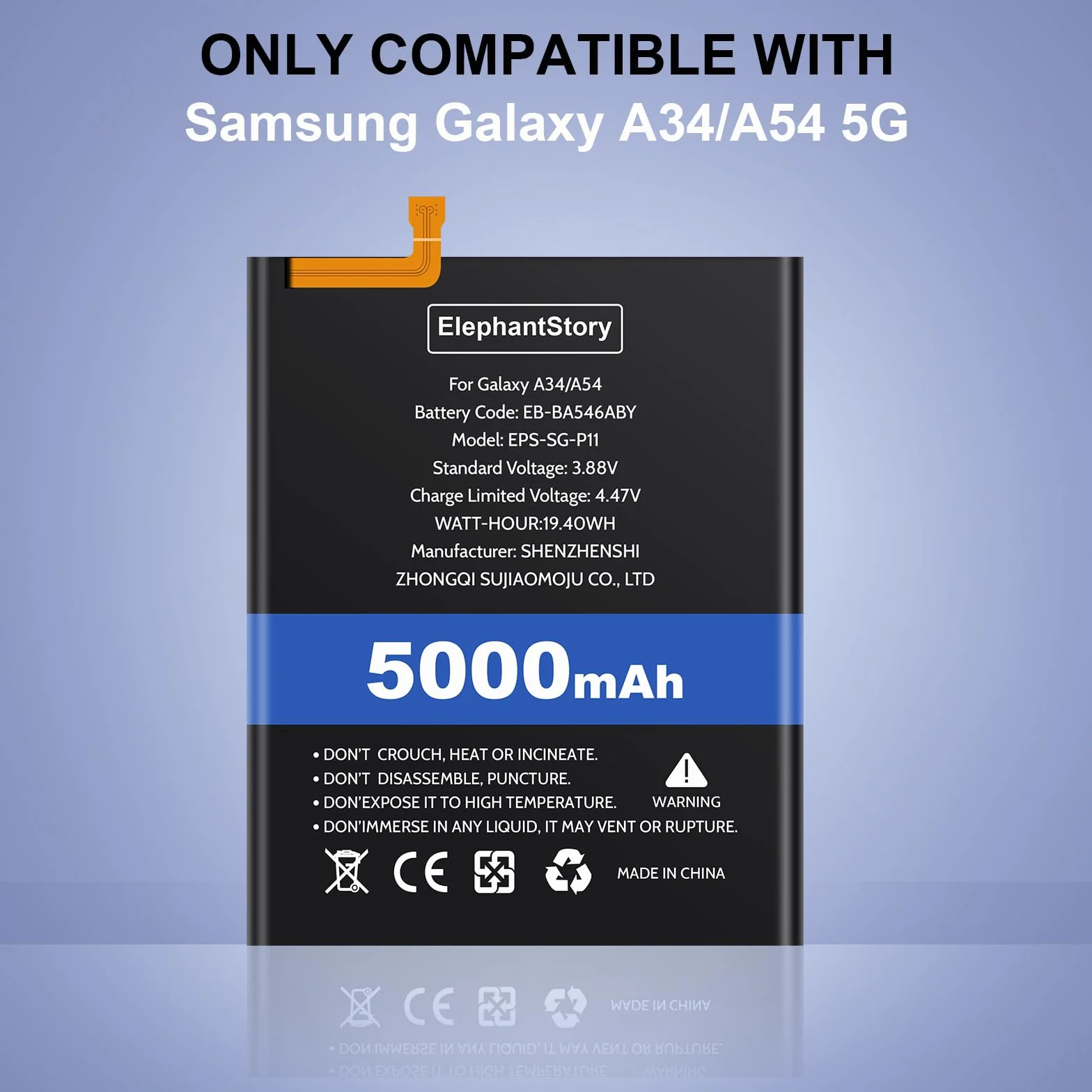 Elephantstory Akku für Smasung Galaxy A54 (A546)/ A34 (A346), 5000mAh Ersatzakku Batteriecode EB-BA546ABY 0 Zyklen Lithium-Polymer Akku mit Reparatur Werkzeugsatz