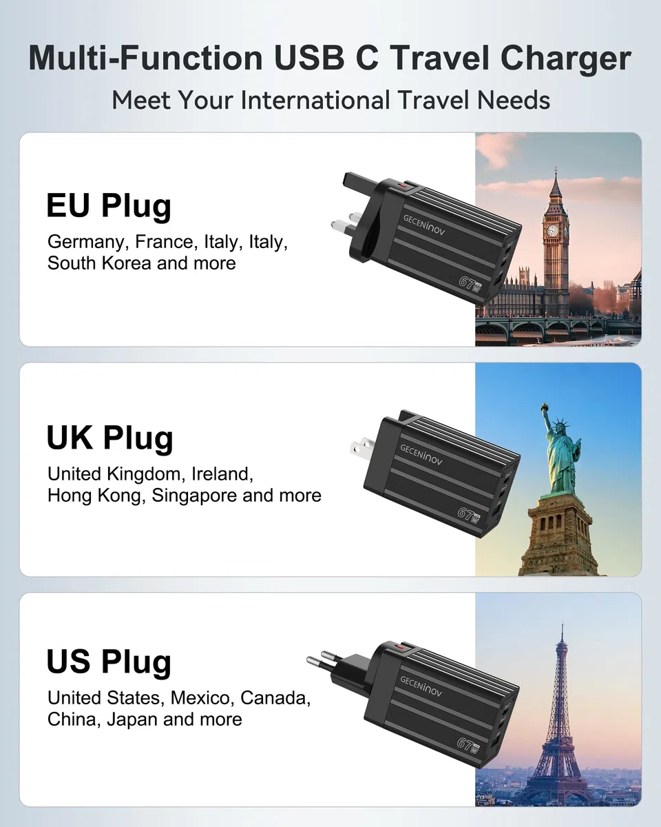 67W USB C Charger, 65W USB C Fast Travel Charger with EU UK US Plug, PD3.0 Charge Power Supply, PPS Adapter Compatible with MacBook Pro Air, iPad, iPhone 16 Pro/15, Galaxy S24, Pixel, Steam Deck
