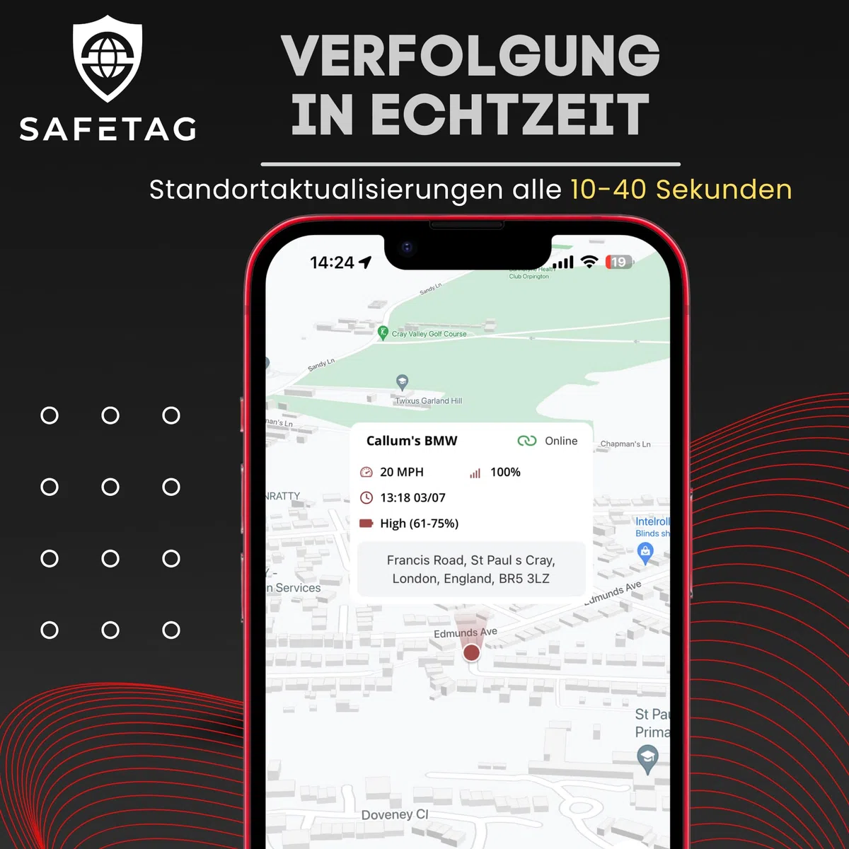 SafeTag Mag 4G – Wiederaufladbarer Magnetischer 4G LTE GPS-Tracker, Auto, Van, Motorrad, Wohnwagen usw. 34–195 Länder, 90 Tage Standby, Echtzeit-Tracking und Benachrichtigungen, 7 Tage kostenlose