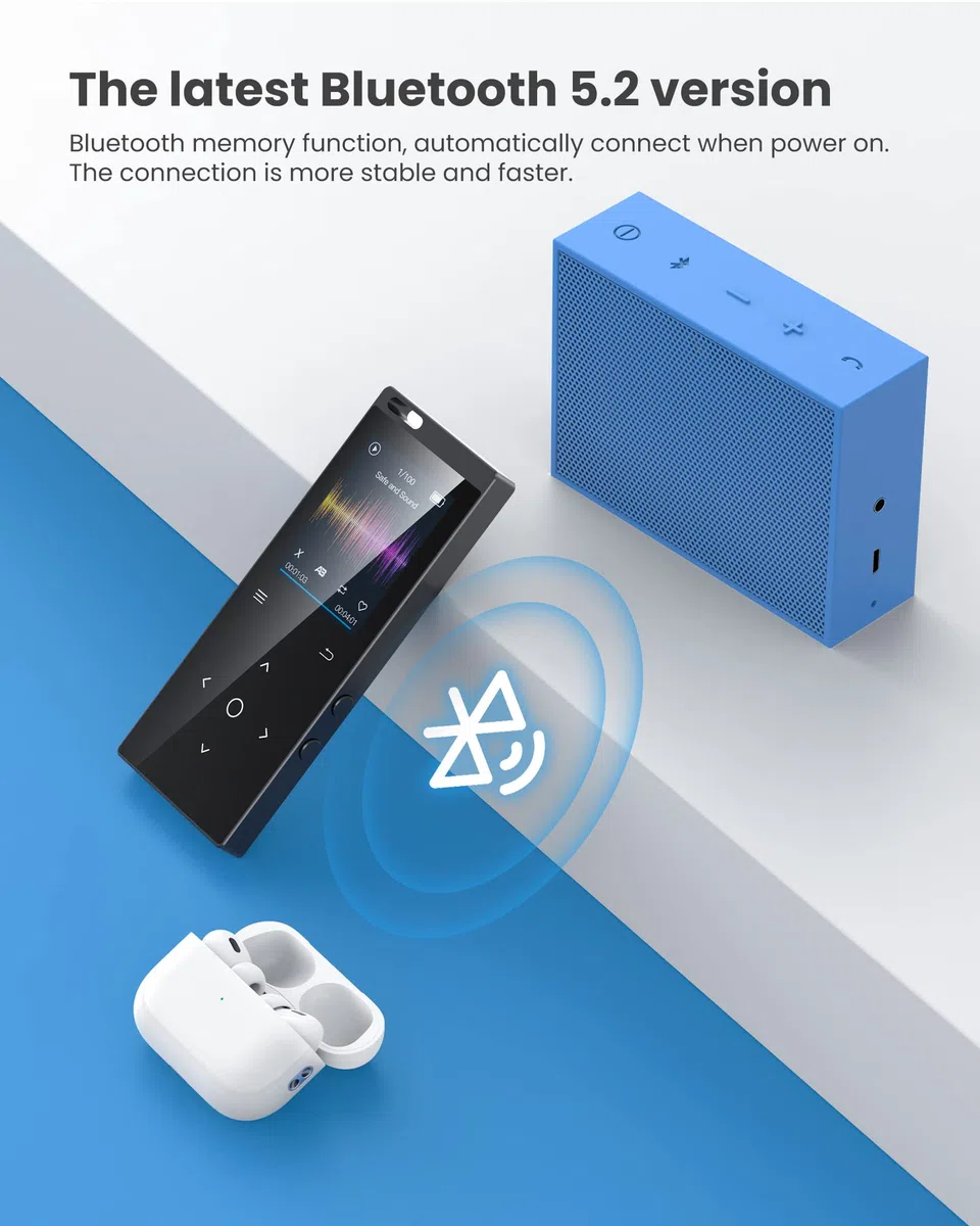 64GB MP3 Player Bluetooth - DODOSOUL MP3-Player mit Kopfhörer FM Radio Diktiergerät Mini-Design HiFi-Sound E-Book Reader Fotoalbum Ideal für Sport