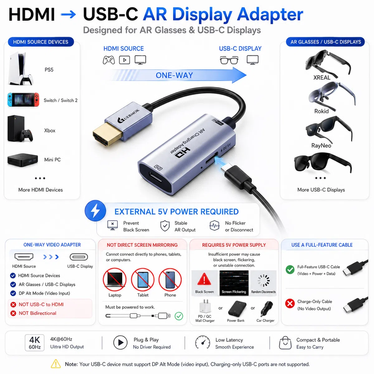Guermok AR Glasses HDMI to USB-C Display Adapter, 4.9ft 4K@60Hz Play and Charge AR Converter with DC 5V, for XREAL One/Air 2 Pro/RayNeo/Rokid, Switch 2/1, Xbox1, PS4/5, Portable Monitors, Silver
