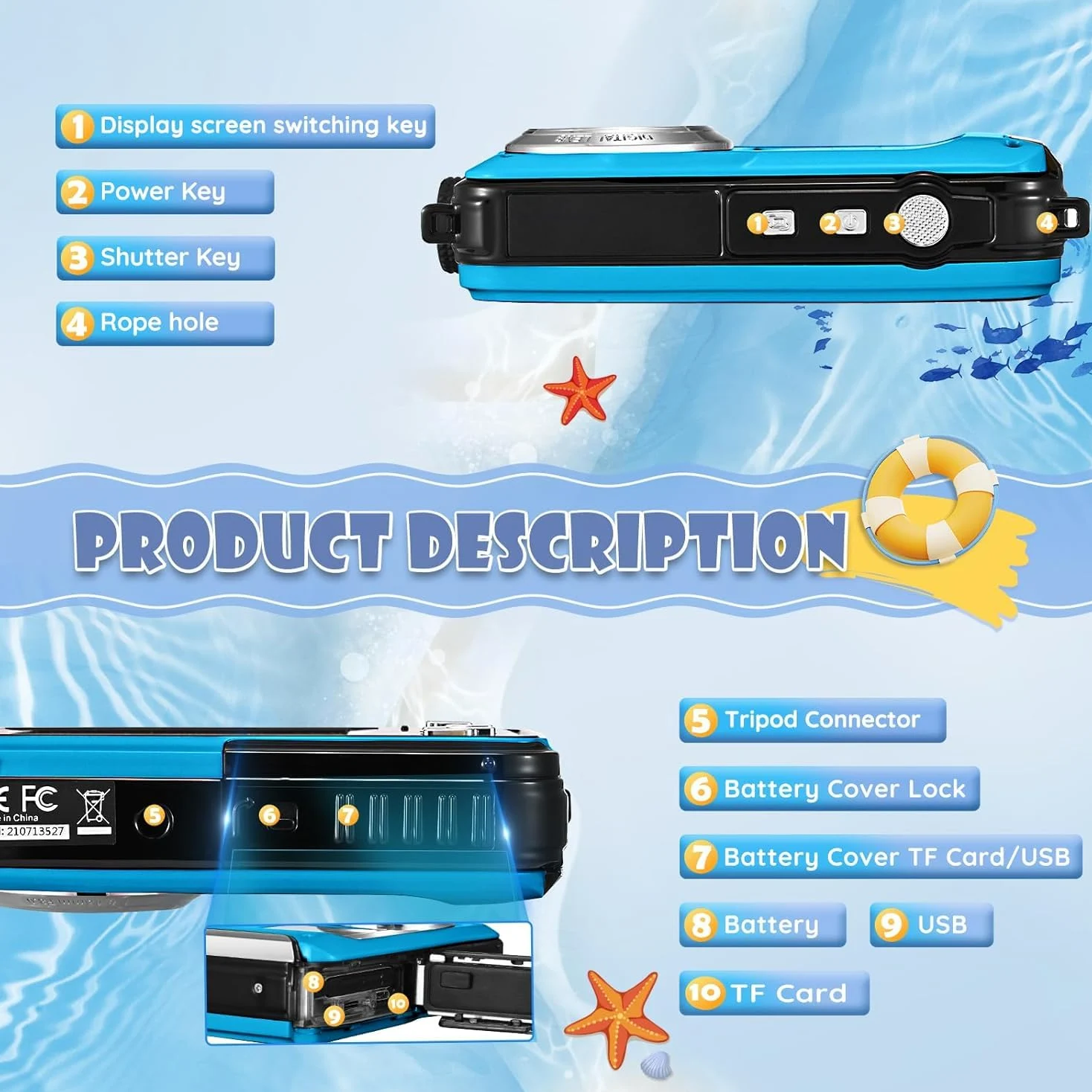 Digitalkamera, wasserdicht, Full HD 2,7 K, 48 MP, Doppelbildschirm, Anti-Vibration, Selfie, Doppelbildschirm, 16 x Zoom, Kamera für Schwimmen, Urlaub (blau)
