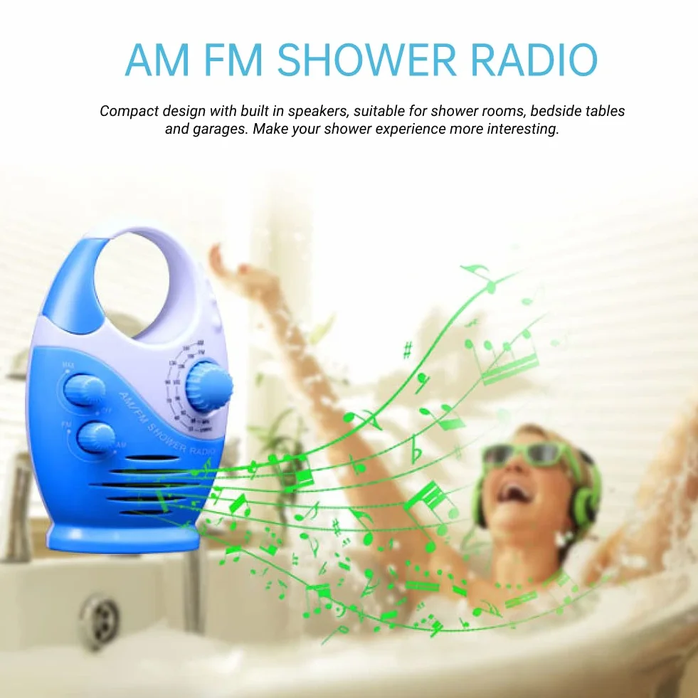 Yunseity Wasserdichtes Duschradio, Tragbares AM-FM-Radio mit Hakendesign, Batteriebetriebenes Radio, Eingebauter Lautsprecher, für Badezimmer, Küche, Außenbereich