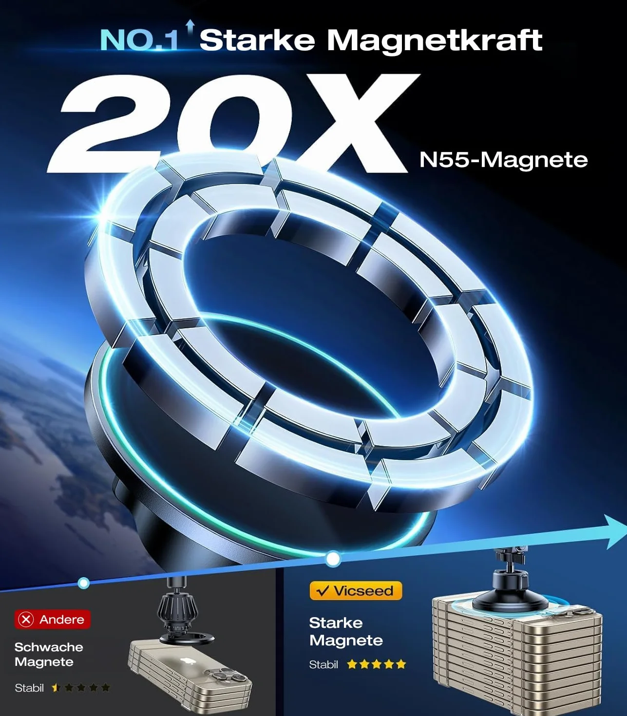 VICSEED Handyhalterung Auto Magnet Lüftung für Magsafe Autohalterung [Starker Magnet mit 20 xN55] Magnetische KFZ Handy Halterung Kompatibel für iPhone 17 16 15 14 13 12 Pro Max Samsung S25 Ultra usw