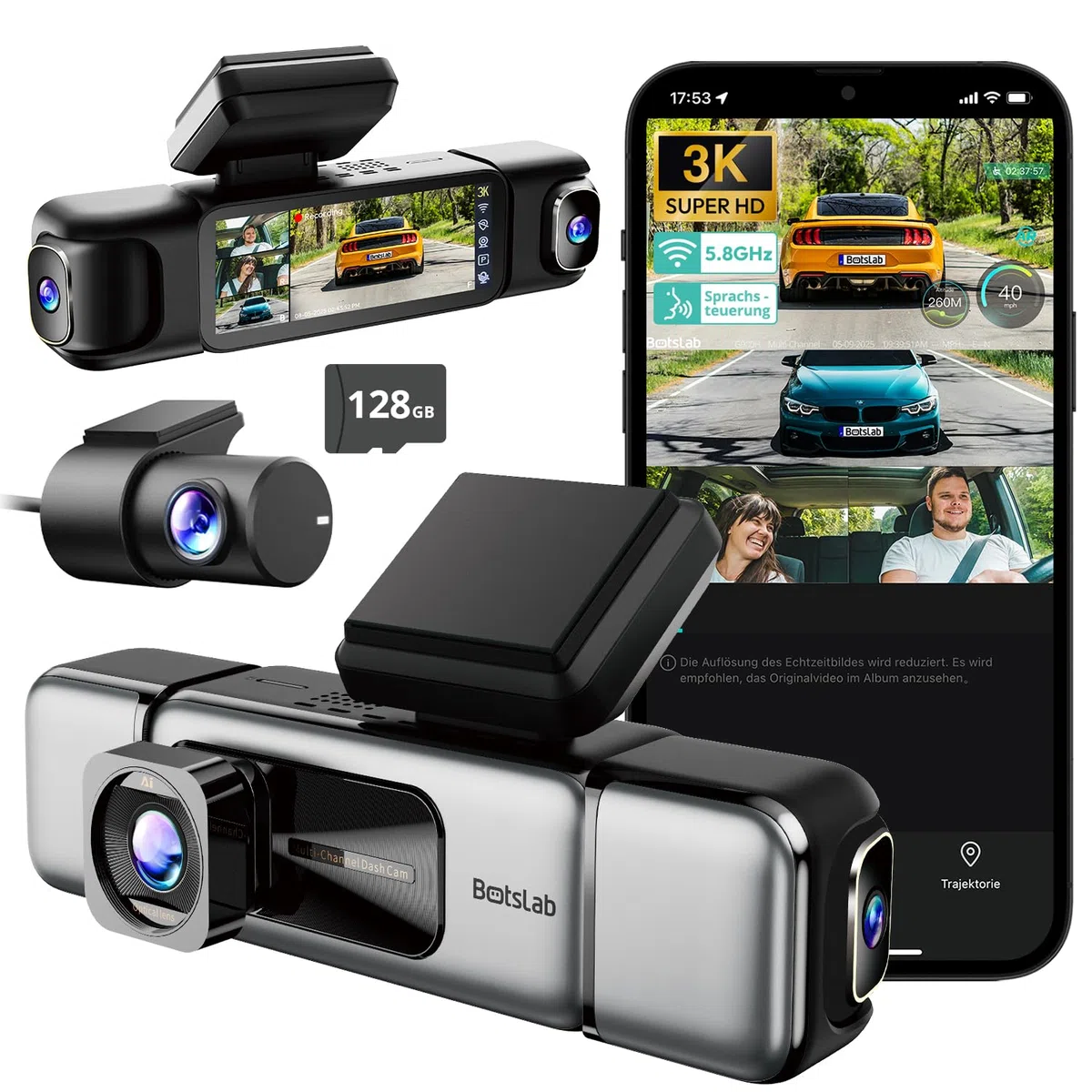 BOTSLAB 4 Kanal Dashcam Auto Vorne Hinten, 360° Dash Cam, 3K+3*1080P Autokamera mit 128GB SD Karte, 5,8GHz WiFi & GPS, Super Nachtsicht, WDR, 3,18" IPS-Bildschirm, G-Sensor, Loop-Aufnahme, Parküberwachung