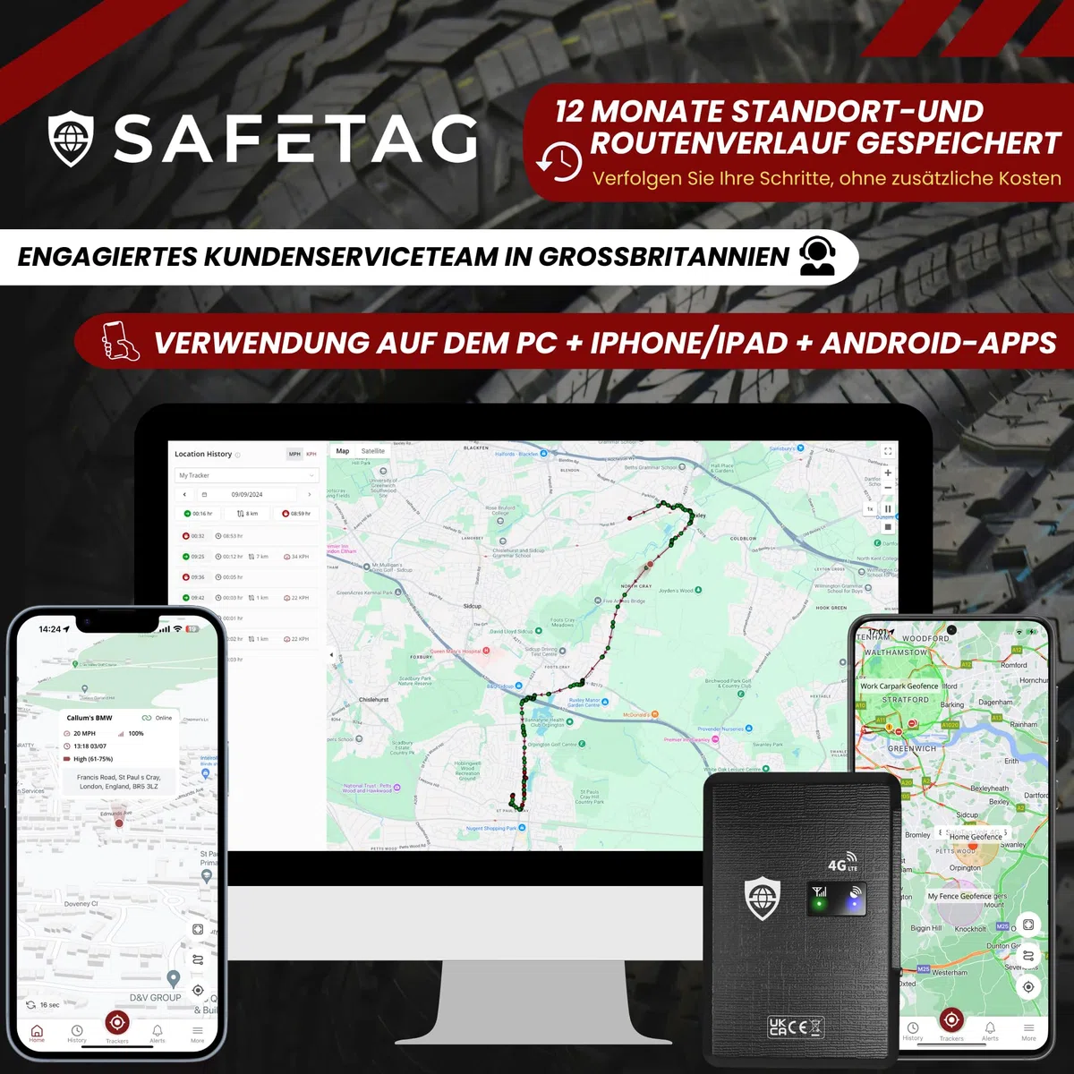 SafeTag Mag 4G – Wiederaufladbarer Magnetischer 4G LTE GPS-Tracker, Auto, Van, Motorrad, Wohnwagen usw. 34–195 Länder, 90 Tage Standby, Echtzeit-Tracking und Benachrichtigungen, 7 Tage kostenlose