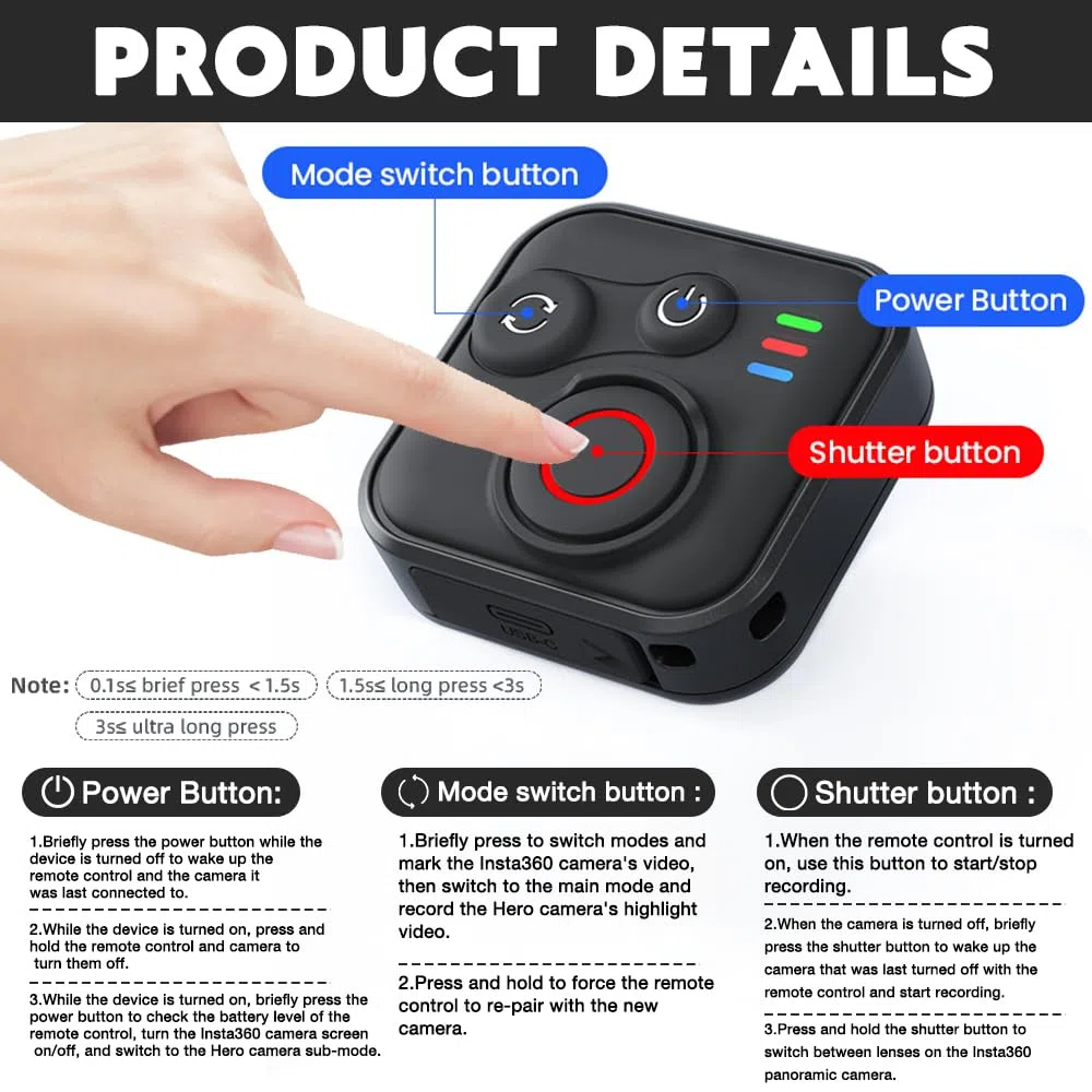 NAVESO Bluetooth Fernbedienung für Insta360 X5/X4/X3/Ace Pro 2/Ace Pro/GO3S/GO3/GoPro Hero 13/12/11/IOS/Android, Kabellose Smart Fernbedienung mit Handschlaufe zur USB-Ladekabel 50M Reichweite