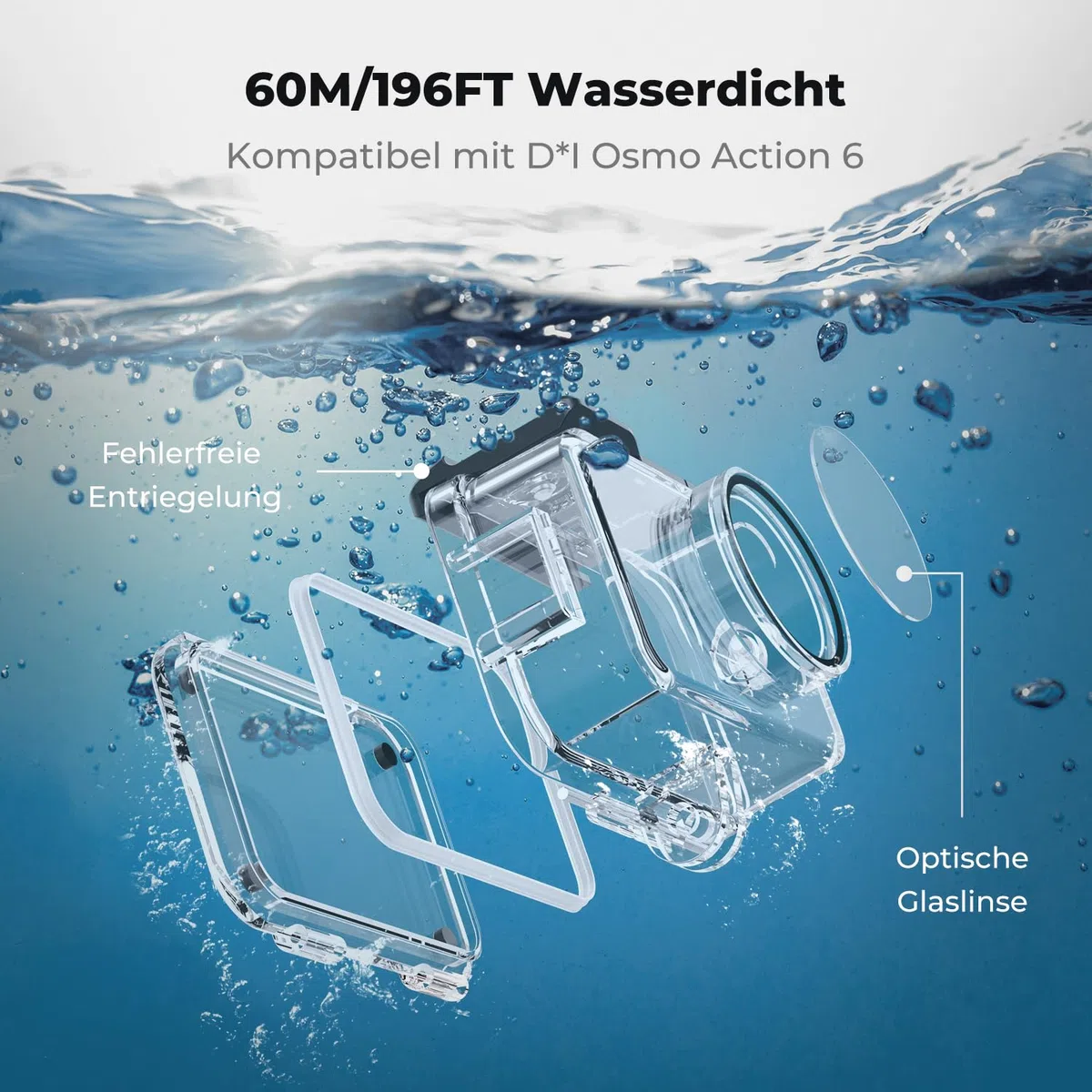 K&F CONCEPT 60 M/196 FT Wasserdichtes Gehäuse mit Schwimmendem Griff für DJI Osmo Action 6, Unterwassergehäuse mit Blitzschuhhalterung, Antibeschlagfolie Wasserresistente Tauchen Schutzhülle