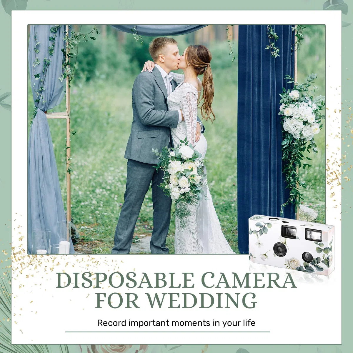 Einwegkamera für Hochzeit, Einwegblitz, 35 mm, 27 Filmbelichtungen, 400 ISO-Filmkamera mit Blitz für Konzert, Reisen, Jahrestag, Camp, Partyzubehör, Sommerurlaub, Flitterwochen (Eukalyptus), 6 Stück