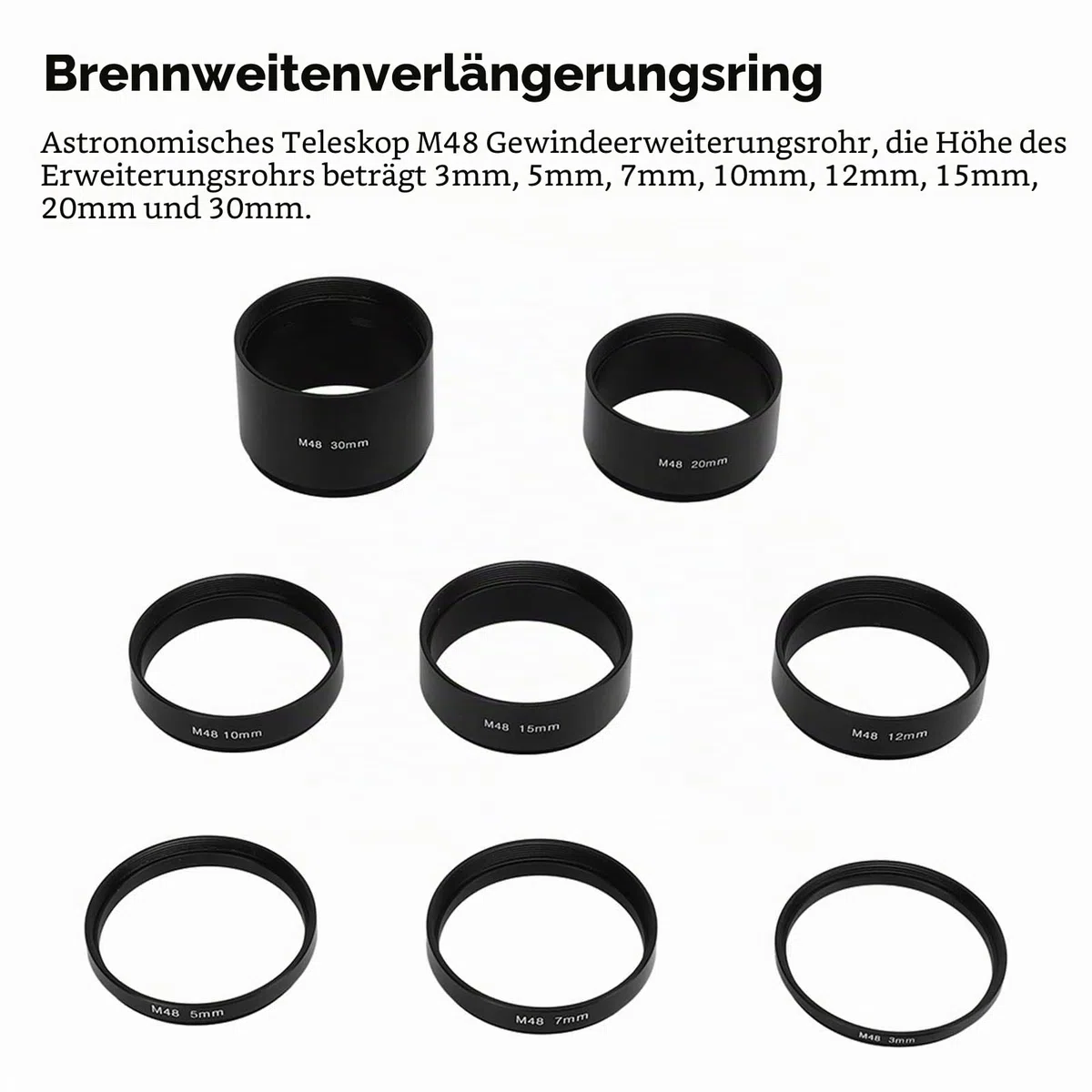 Teleskop-Verlängerungsrohr-Set,8 Stück M48 X 0,75 Brennweiten-Verlängerungsrohr-Set 3 5 7 10 12 15 20 30 Mm Verlängerungsring Erweiterungsring für die astronomische Teleskopfotografie