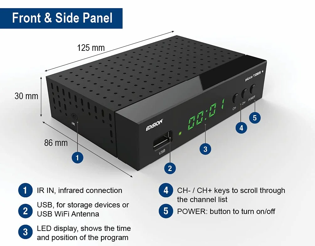 EDISION Picco T265 Plus Terrestrischer DVB-T2 & Kabel-Receiver DVB-C H.265 HEVC FTA Full HD PVR, USB, HDMI, SCART, S/PDIF, IR, USB WiFi Support, Universal 2in1 Fernbedieung