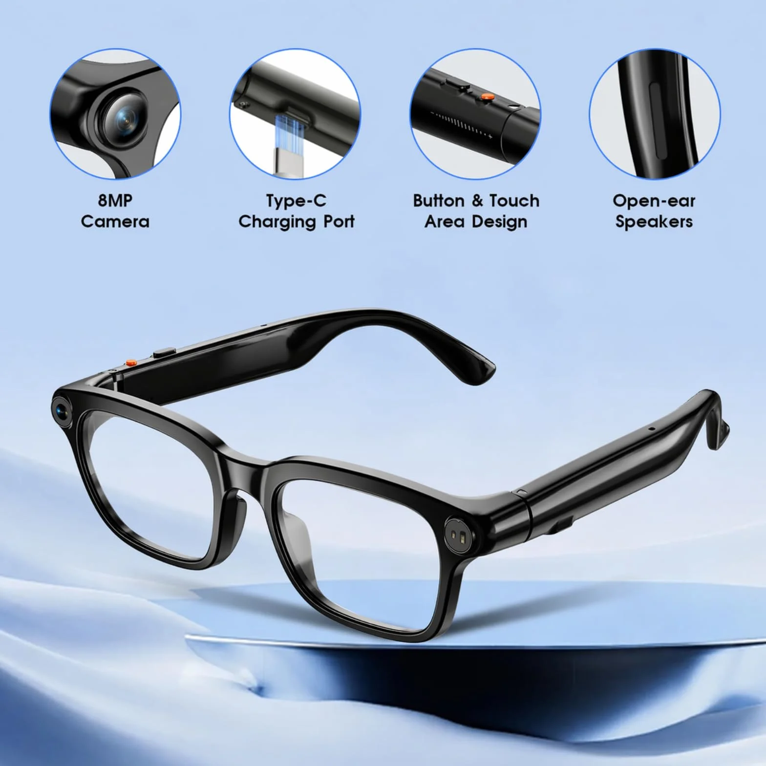 Smart Brille mit Kamera, 8MP HD Kamera, 4K-Videoaufzeichnung, Foto, KI-Assistent, 300 mAh, Open-Ear-Audio, Flexible Bügel, Smart Glasses für Reisen/Camping/Outdoor-Aktivitäten（3 Wechselgläser）