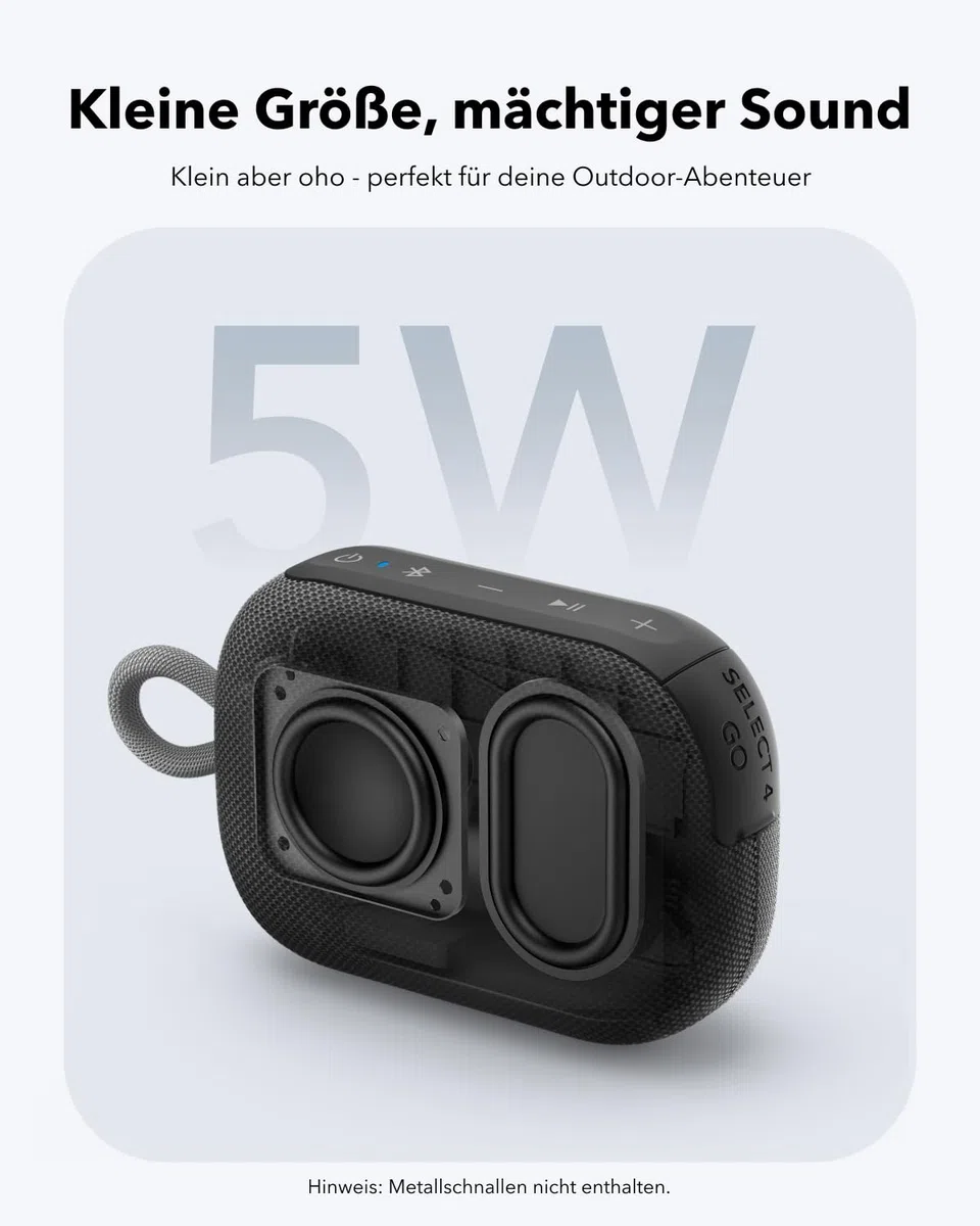 soundcore Select 4 Go Bluetooth Lautsprecher von Anker, portabler Mini-Lautsprecher Dusche, 20h Spielzeit, IP67 Wasser- und staubfest, schwimmfähig, kraftvoller Sound, für drinnen, draußen & Wandern