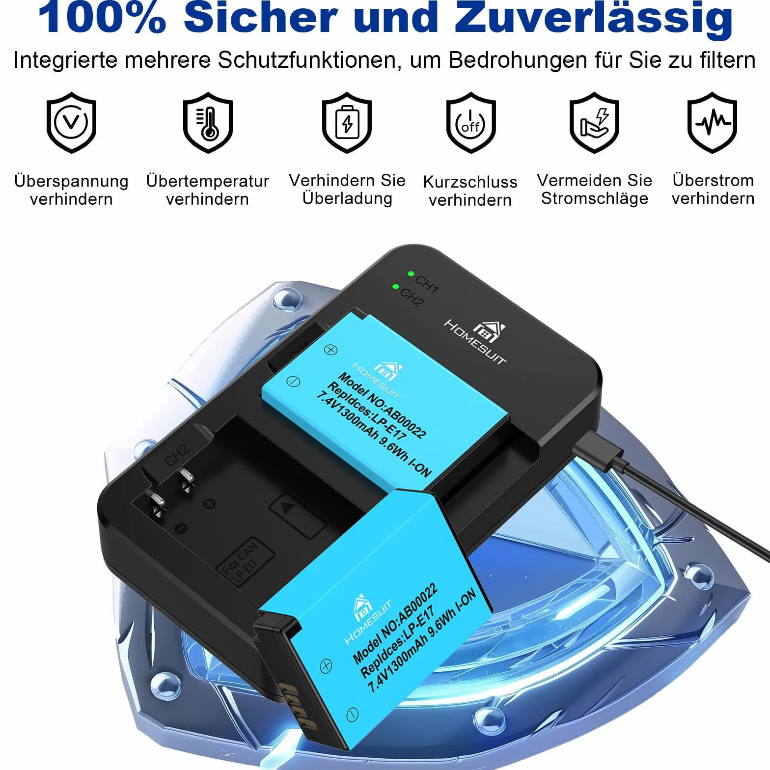 Homesuit 2er-Pack LP-E17 Akku 1300mAh & Typ-C LED Dual Ladegerät Kit für Canon EOS RP, R8, R10, R50, R100, M3, M5, M6, 200D, 77D, 750D, 760D, 800D, 8000D, Rebel SL3, SL2, T8i, T7i, T6i, T6s und mehr