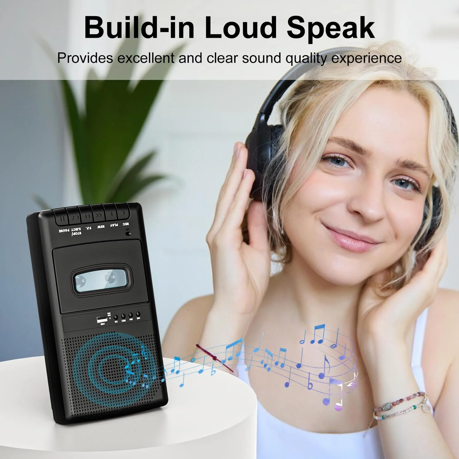 Tragbarer Kassettenrecorder mit One Touch Aufnahme, Mobiler Kassettenspieler & USB-Digitalisierer,Kassettenspieler-Recorder,Eingebauter Lautsprecher, Ausziehbarer Griff, 3,5-mm-Kopfhörer,Schwarz