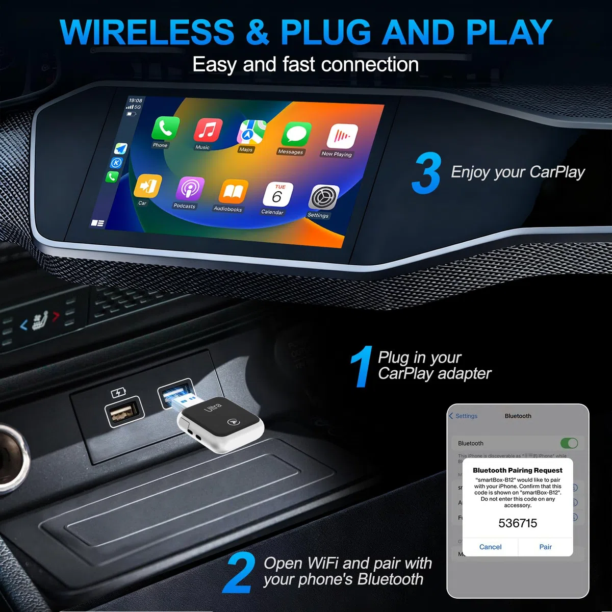 Wireless CarPlay Adapter 2-in-1, 2025 Aufgerüstet Wired zu Wireless für CarPlay/Android Auto, Mini-Design mit USB & Type-C-Verlängerung, Kompatibel mit iPhone iOS 10+ & Fahrzeugen mit Wired CarPlay