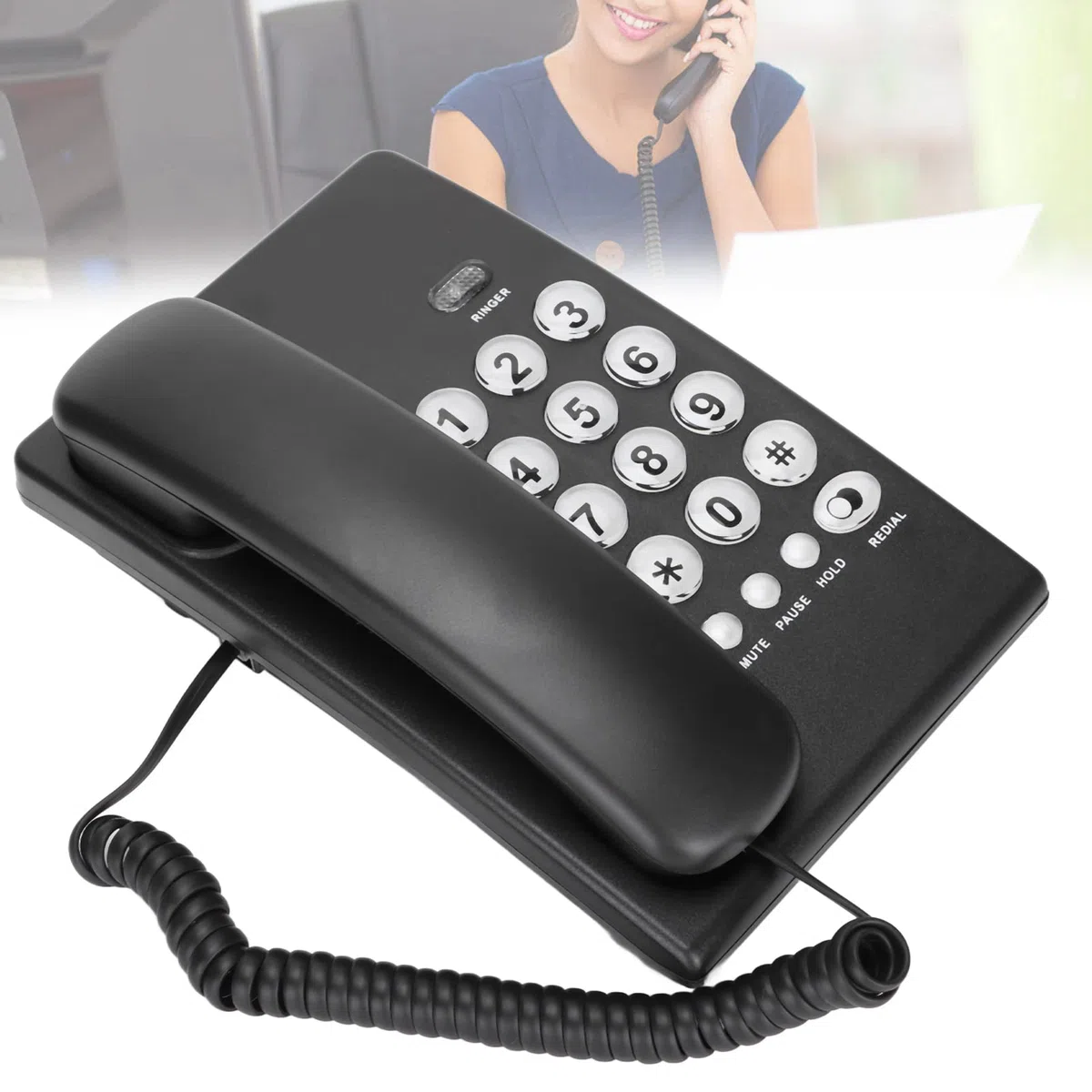 Desktop-Schnurlostelefon mit Großer Taste Festnetztelefon mit Großem Volumen Kabelgebundenes Telefon für das Home Office Hotel (Schwarz)