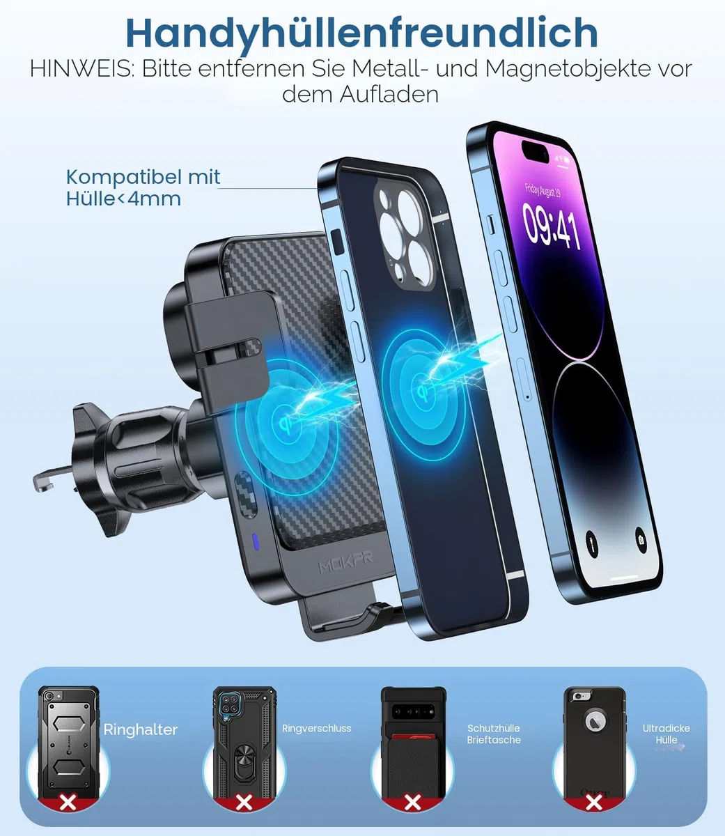 MOKPR Handyhalterung Auto mit Ladefunktion, 15W Fast Wireless Charger Auto Halterung Induktives Laden Induktion Kfz Ladegerät für iPhone 17/16/15/14/13/12, Samsung Huawei Xiaomi(Schwarz)