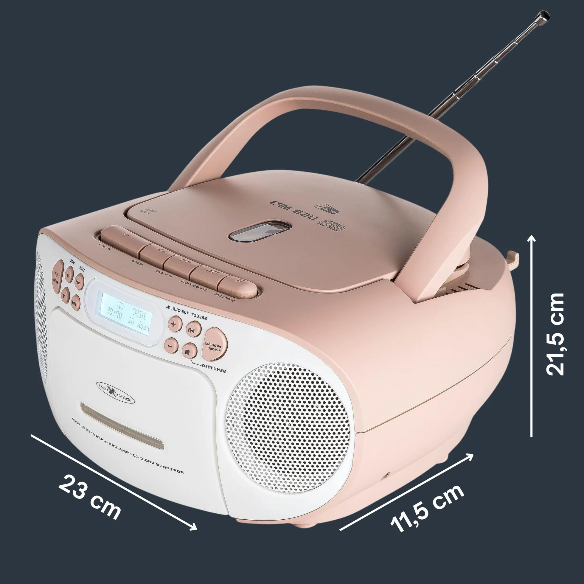 Reflexion RCR2260 CD-Player mit Kassette und Radio für Netz- und Batteriebetrieb (PLL UKW-Radio, LCD-Display, AUX-Eingang, Kopfhörer-Anschluss), weiß/rosa
