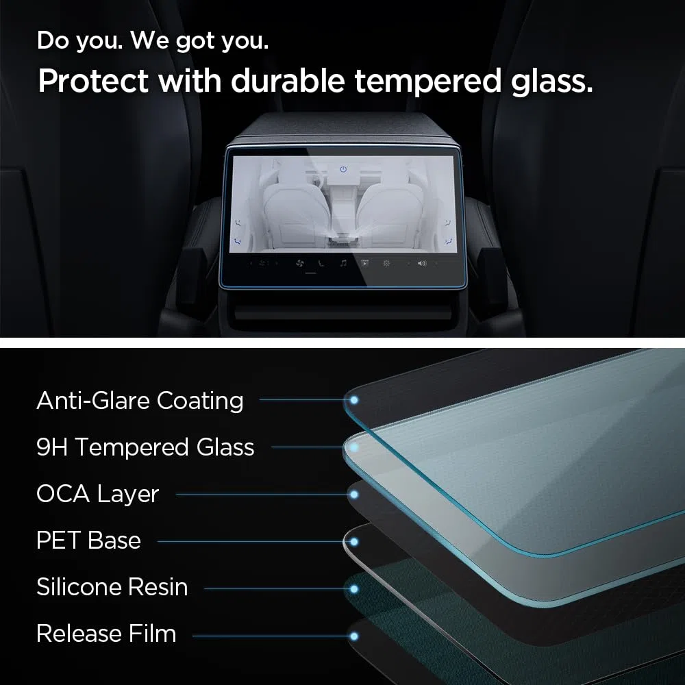 Spigen Glas.tR Slim Schutzfolie kompatibel mit Tesla Model 3(2026-2024), Model Y(2026/2025) Für Hinten Display, 8 Zoll, Blendschutz, Anti-Fingerabdruck, 9H Härte Folie