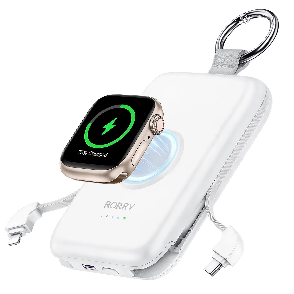 RORRY Power Bank, 10000mAh Powerbank Schnellladefunktion PD 20W mit Integriertem Kabel, Reise Portable Charger Externe Handyakkus für iPhone 17/16/15/14 and Apple Watch Ultra 11/10/9/8/7/SE, Weiß