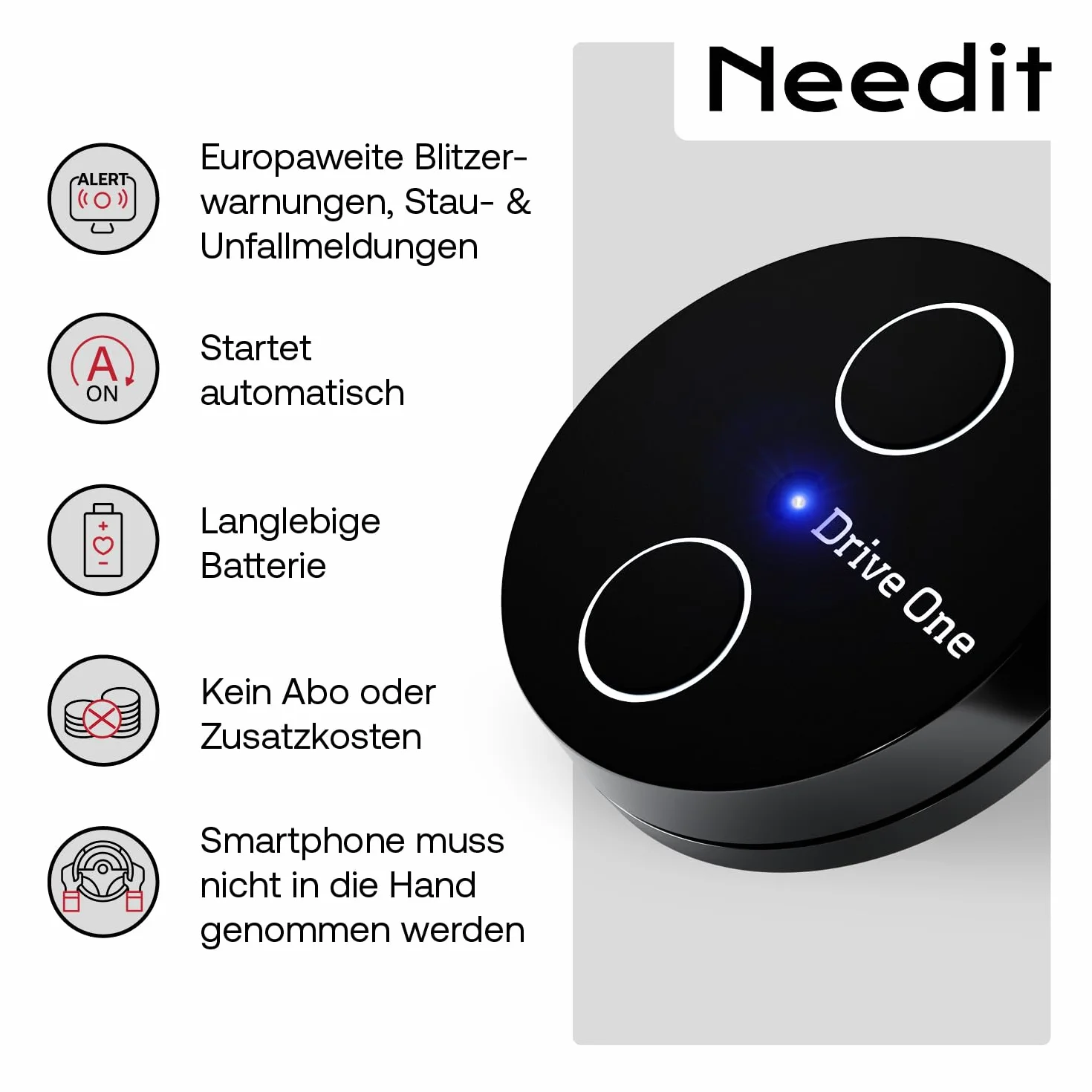 Needit Drive One 2 Verkehrswarner [Neues Modell 2026] I Warnt vor Kontrollen und Gefahren im Straßenverkehr I LED Anzeige automatisch aktiv I Daten von BlitzerApp