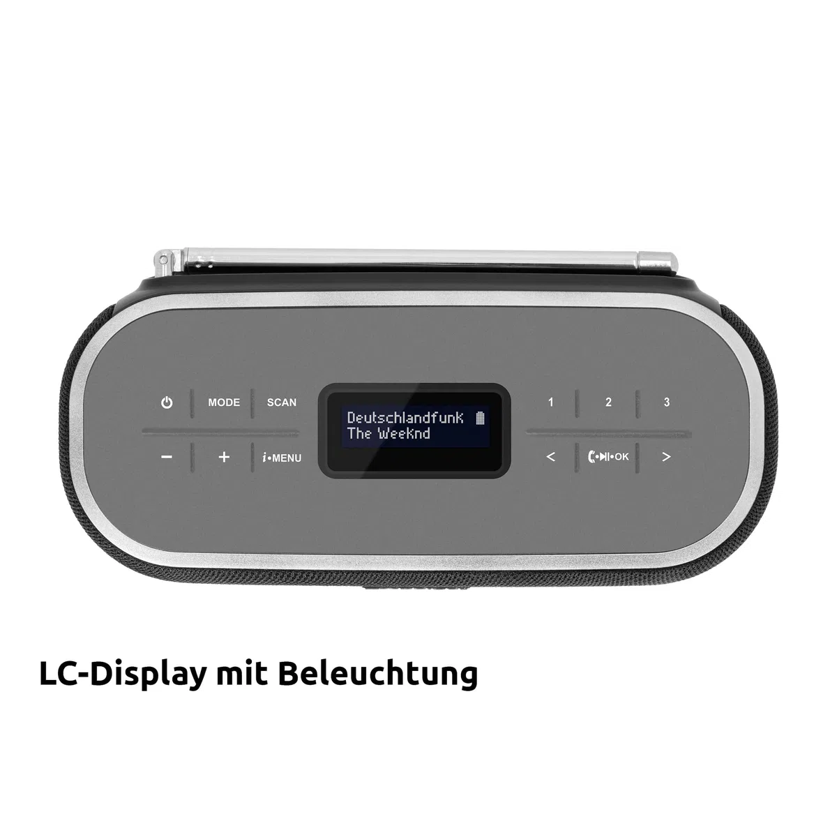 TechniSat VIOLA BT 1 - tragbarer Bluetooth-Lautsprecher mit DAB+ Digitalradio (UKW, DAB, Uhr, Wecktimer, Favoritenspeicher, LCD, Freisprechfunktion, AUX-in, Akku, USB-C ladekabel, 6W) schwarz/grau