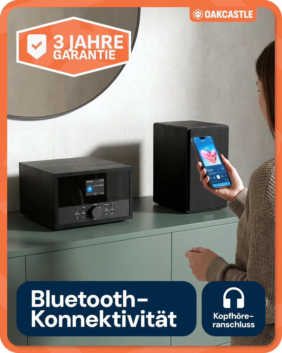 OAKCASTLE DAB400 HiFi DAB Radio mit CD Player | 60W 2.0 Stereoanlage | UKW Radio HiFi Anlage mit Bluetooth 5.2 | Kompaktanlagen mit Farbdisplay & Inklusive Fernbedienung | Mini Musikanlage CD Spieler