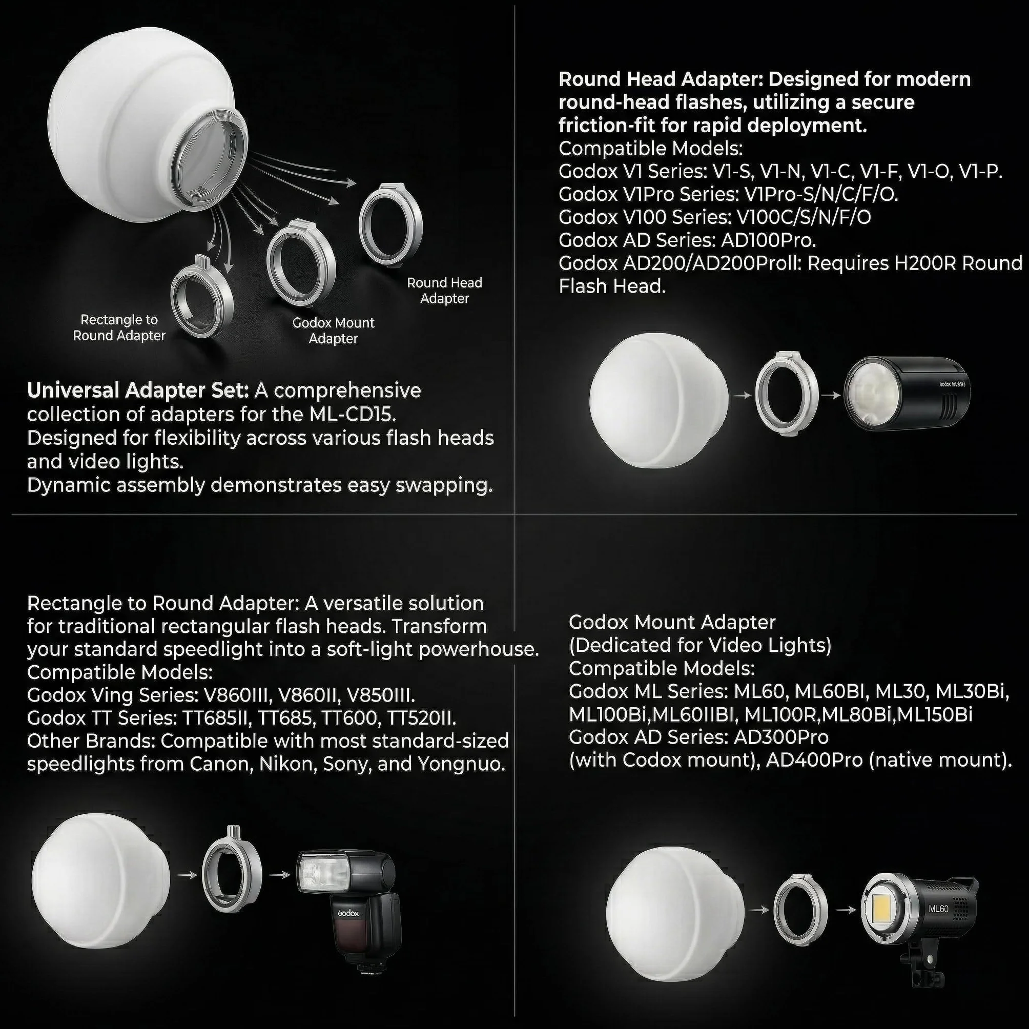 Godox ML-CD15 Soft Dome Diffuser Kit mit 3 Adaptern, kompatibel mit Godox V100, V1 Pro, AD200Pro II, AD100Pro, AD300Pro, AD400Pro, V860III, ML30, ML30Bi, ML100Bi, ML100R, ML60Bi, ML60IIBi und mehr