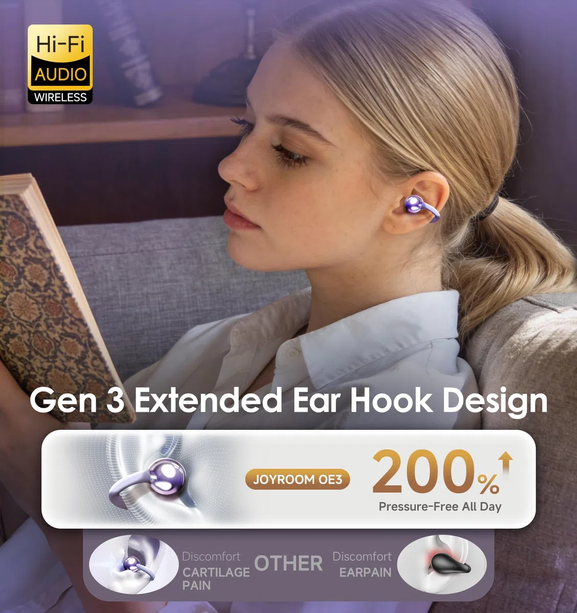 King Lucky Open-Ear-Kopfhörer Kabellos Bluetooth 6.0–Clip-On-Ohrhörer mit Mikrofon,50h Spielzeit,ENC,IPX5 Wasserfes –Komfortabel für kleine Ohren&Brillenträger,Ideal für Sport (Lila, Standard)