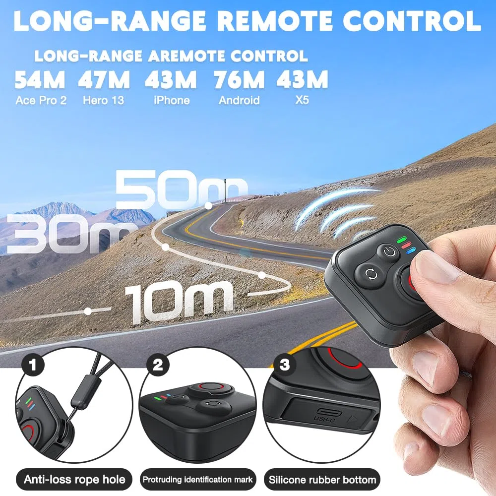 NAVESO Bluetooth Fernbedienung für Insta360 X5/X4/X3/Ace Pro 2/Ace Pro/GO3S/GO3/GoPro Hero 13/12/11/IOS/Android, Kabellose Smart Fernbedienung mit Handschlaufe zur USB-Ladekabel 50M Reichweite
