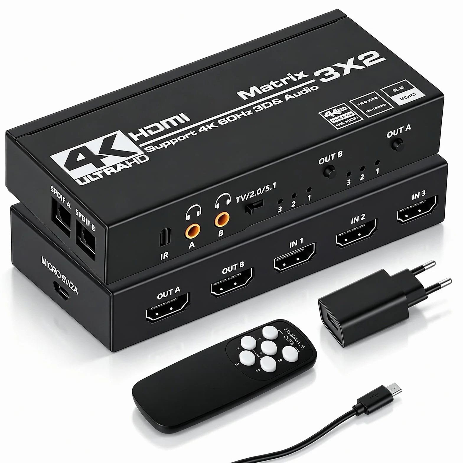 HDMI-Switch, 4 K, 60 Hz, 3 x 2, HDMI-Splitter 3 in 2 Out, HDCP 2.3 HDR10 18 Gbps, mit IR Fernbedienung & 3,5 mm Audio-Extraktor, unterstützt 4 K bei 60 Hz, HDCP 2.2, für Switch, PS5, Xbox, PC