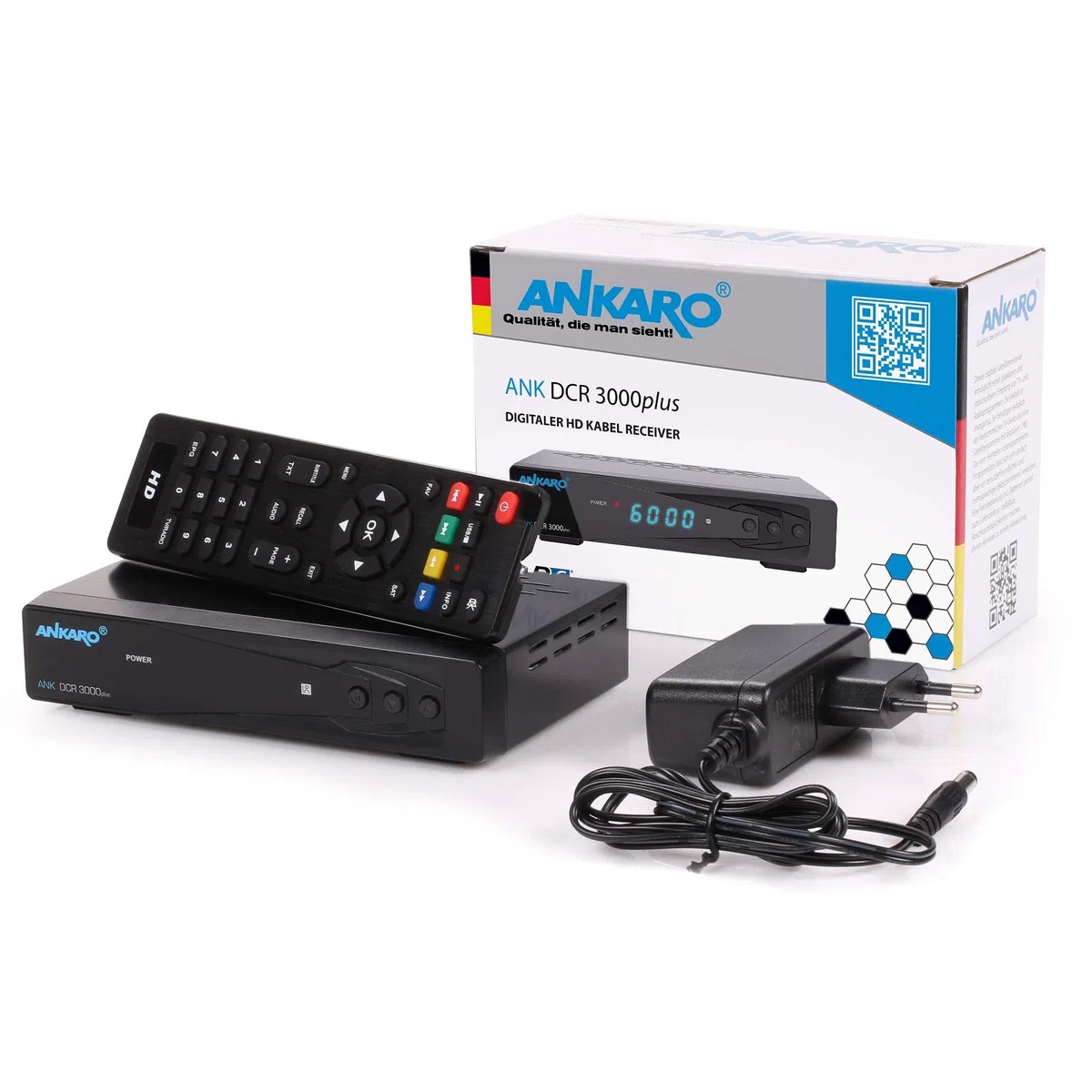 Ankaro DCR 3000 Plus digitaler 1080p Full HD Kabel-Receiver für Kabelfernsehen (HDTV, DVB-C/C2, HDMI, Scart, Coaxial, Mediaplayer, USB) automatische Installation–schwarz