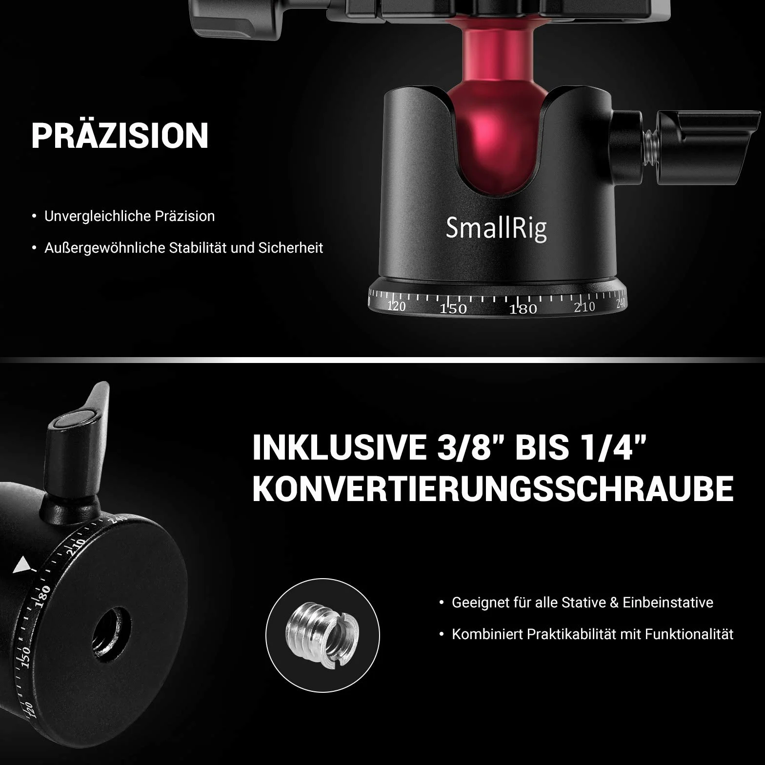 SMALLRIG Mini-Kugelkopf 360° Panorama mit 1/4" Schraube 3/8" Gewindehalterung und Schnellwechselplatte Metall-Kugelgelenk für Einbeinstativ, DSLR, Telefon, Gopro, max Belastung 4.4lbs/2kg - 2665