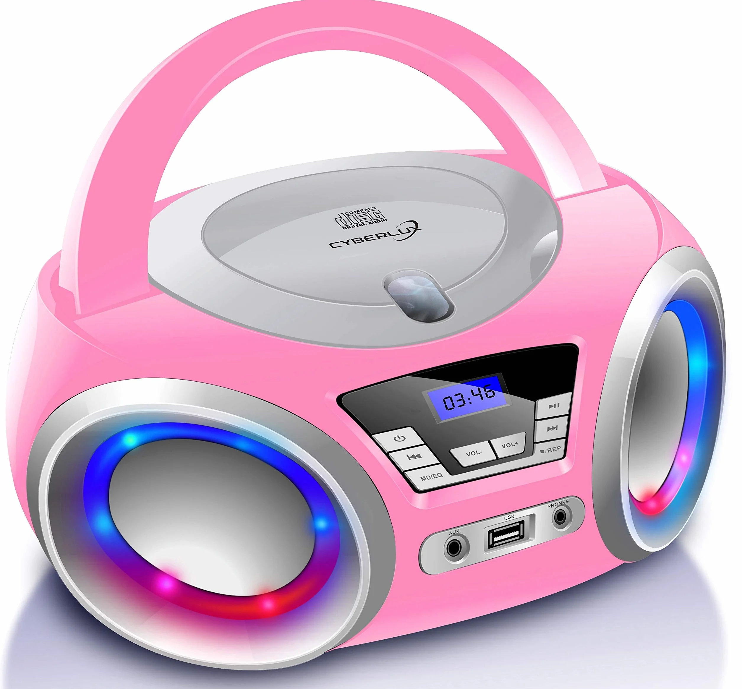 Cyberlux CD-Player mit LED-Beleuchtung, Kopfhöreranschluss, tragbares Stereoradio, Kinderradio, Stereoanlage, USB, CD/MP3-Player, UKW-Radio, Kopfhöreranschluss, Aux in Pretty Kitty Pink