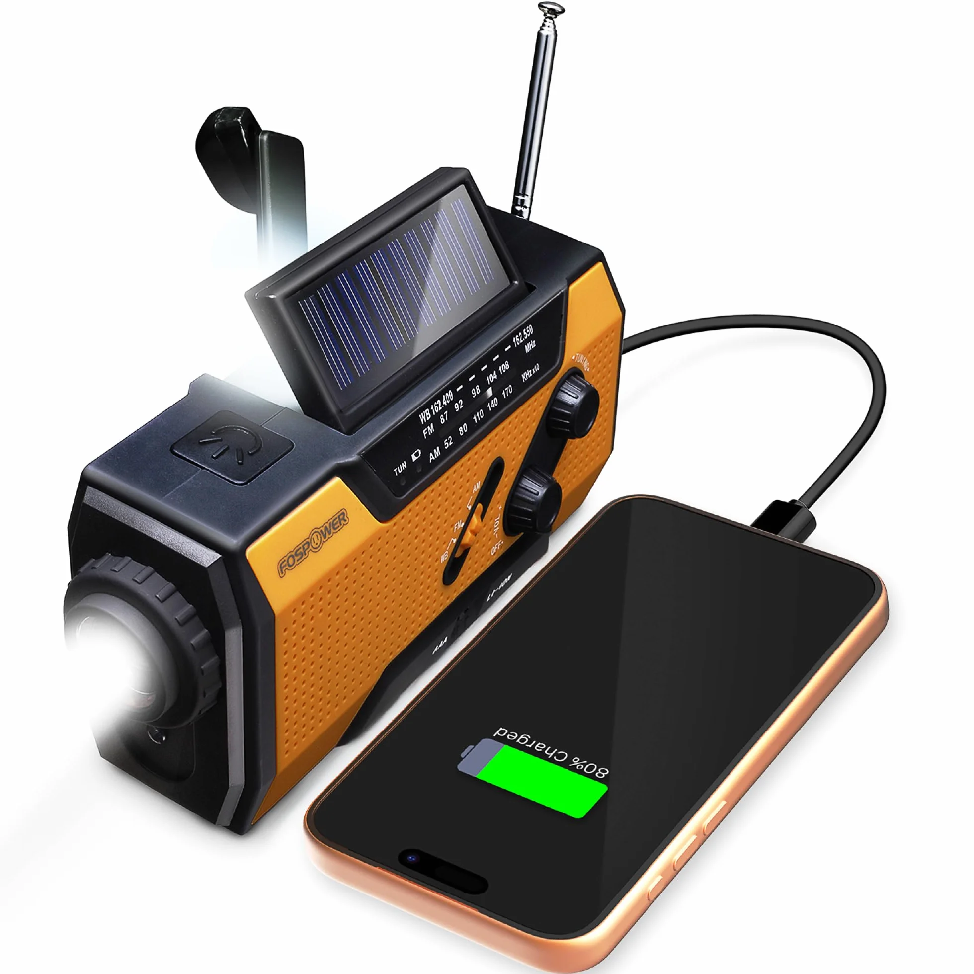 FosPower - Notfallradio NOAA/AM/FM mit 7400mWh (2000mAh) Tragbare Powerbank - Aufladung per USB/Solar/Handkurbel, Batteriebetrieben, SOS-Alarm & Taschenlampe für Notfälle drinnen und draußen